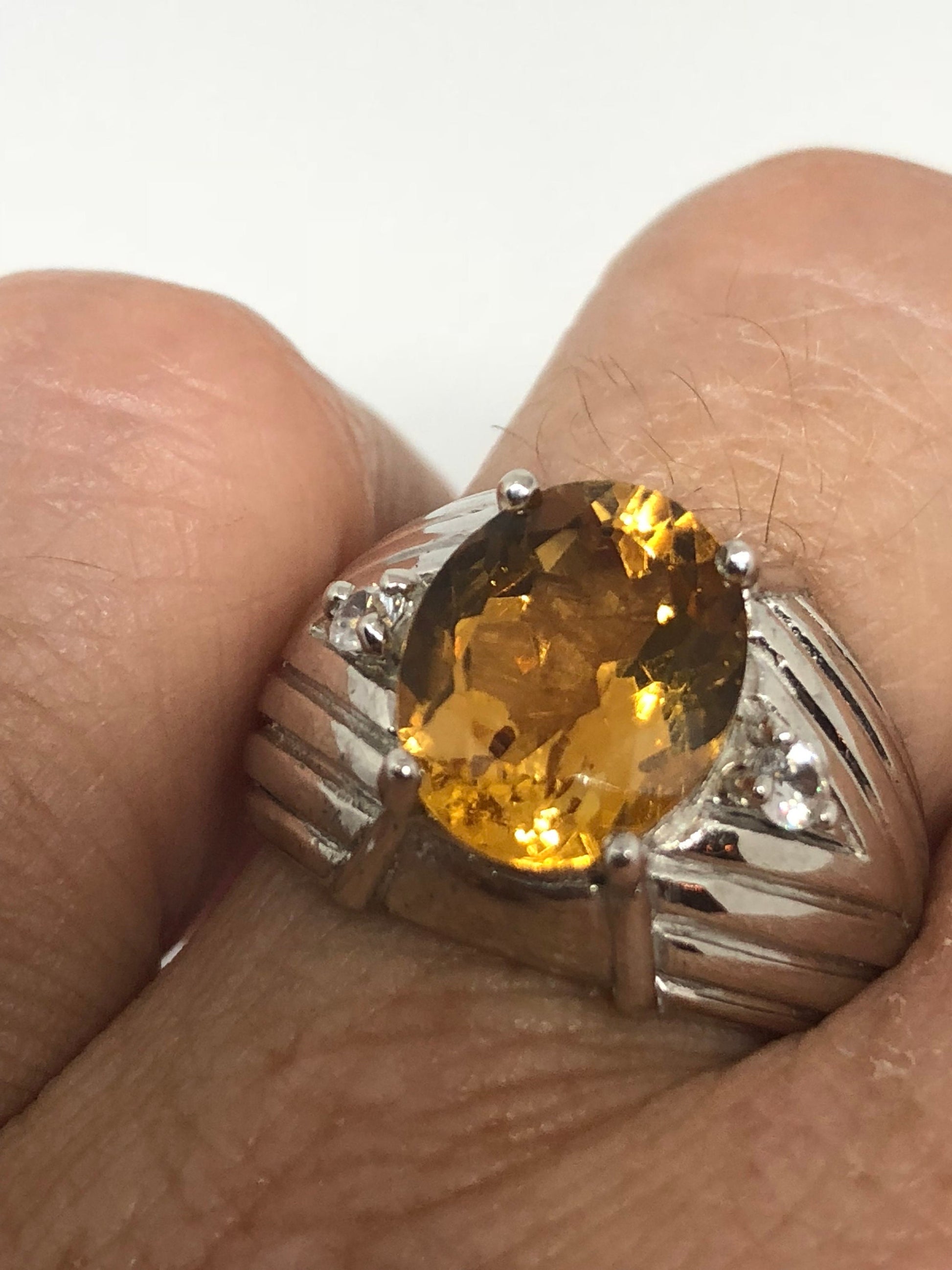 Vintage Handmade Golden Genuine Citrine 925 Sterling Silver Gothic Ring