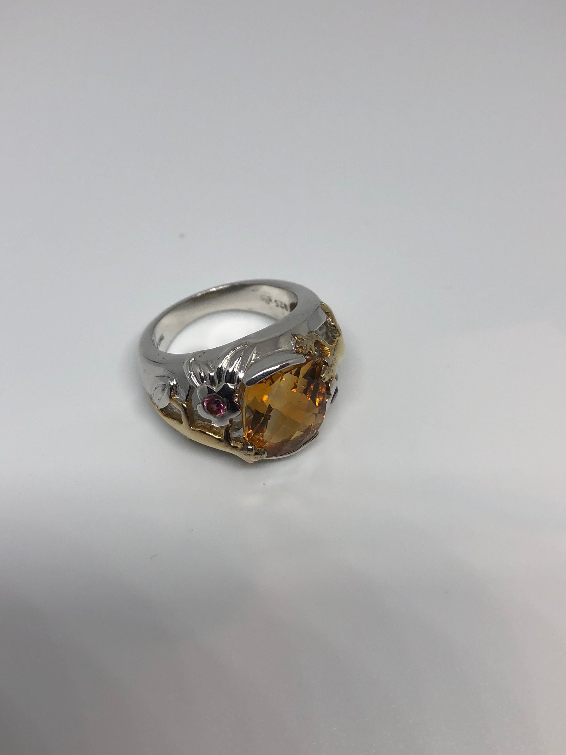 Vintage Handmade Golden Genuine Citrine Gold 925 Sterling Silver Gothic Ring