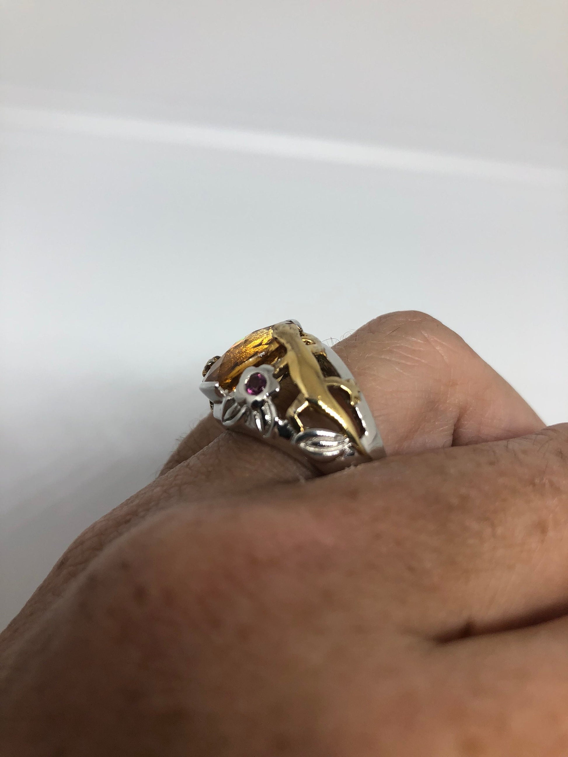 Vintage Handmade Golden Genuine Citrine Gold 925 Sterling Silver Gothic Ring
