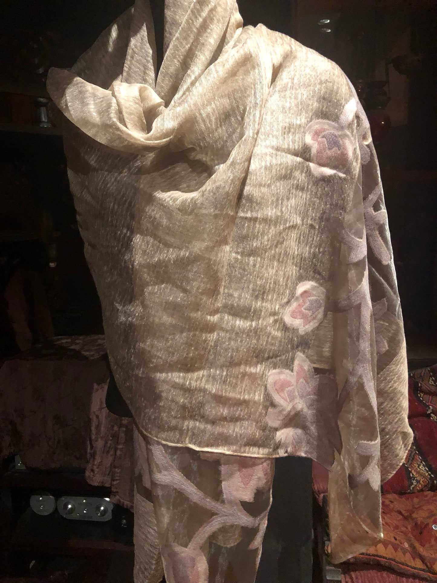 Vintage Styled Sheer White Brocade Wrap Shawl