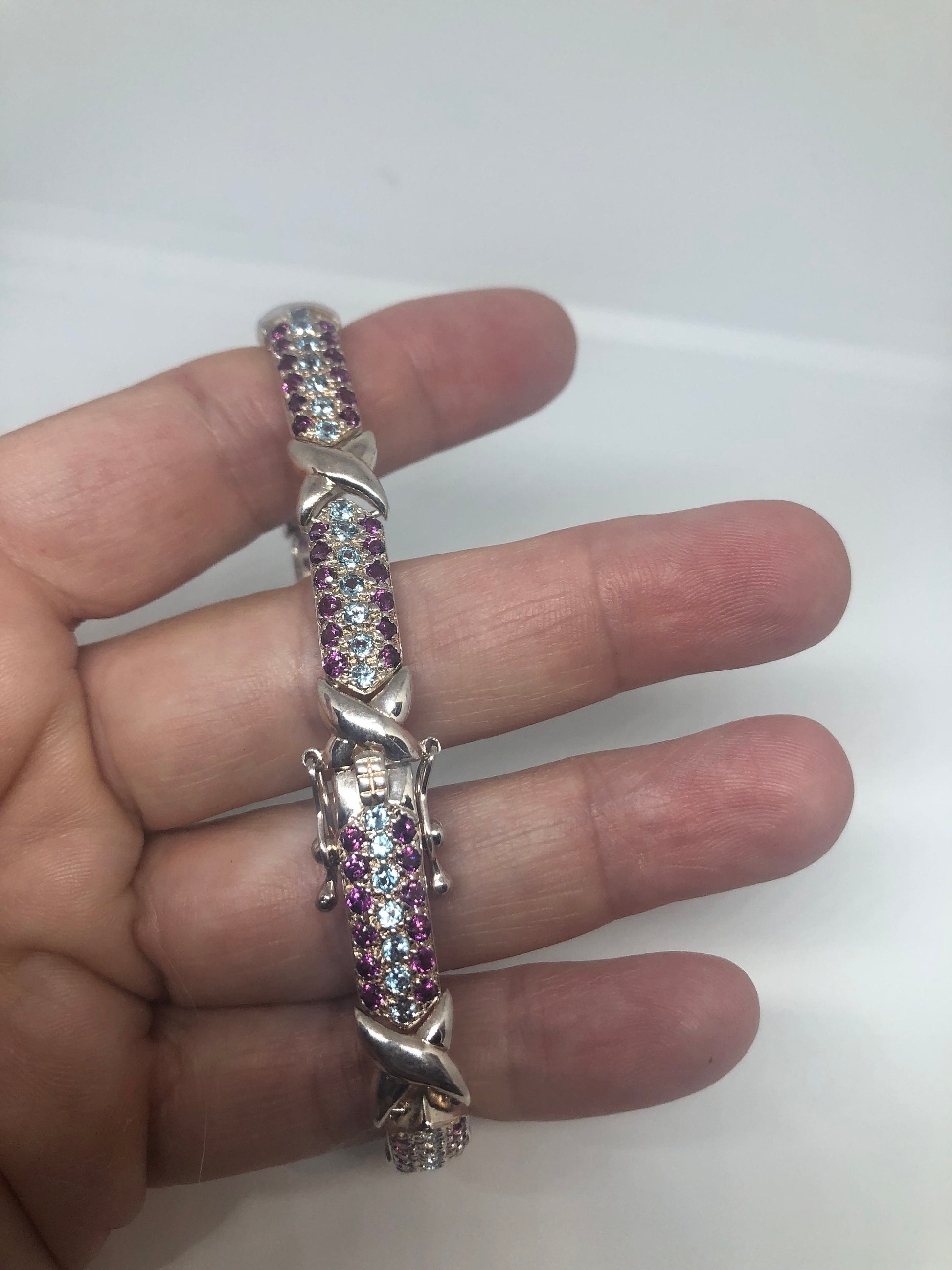 Handmade Genuine Blue Topaz Pink tourmaline 925 Sterling Silver Tennis Bracelet