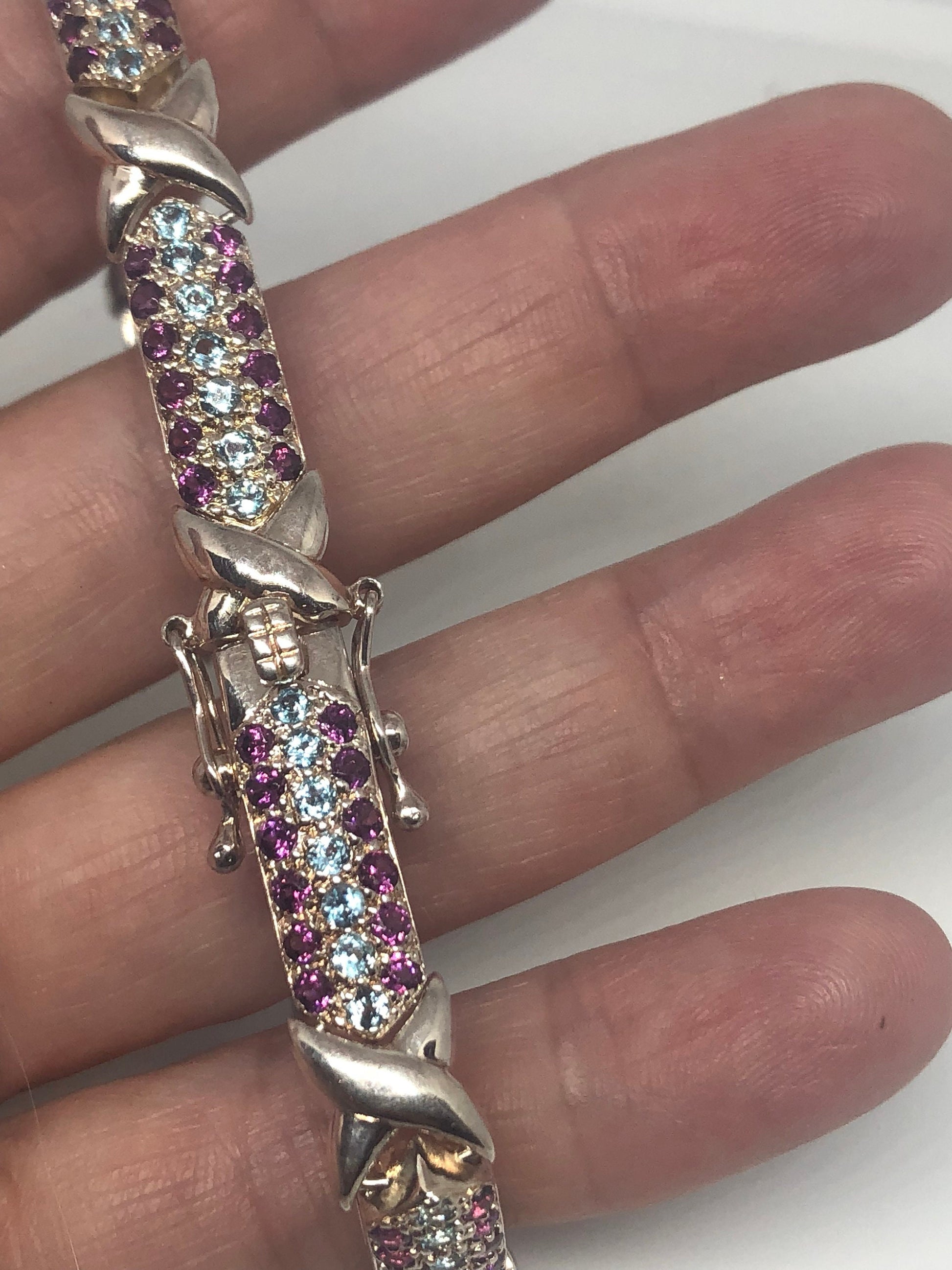 Handmade Genuine Blue Topaz Pink tourmaline 925 Sterling Silver Tennis Bracelet