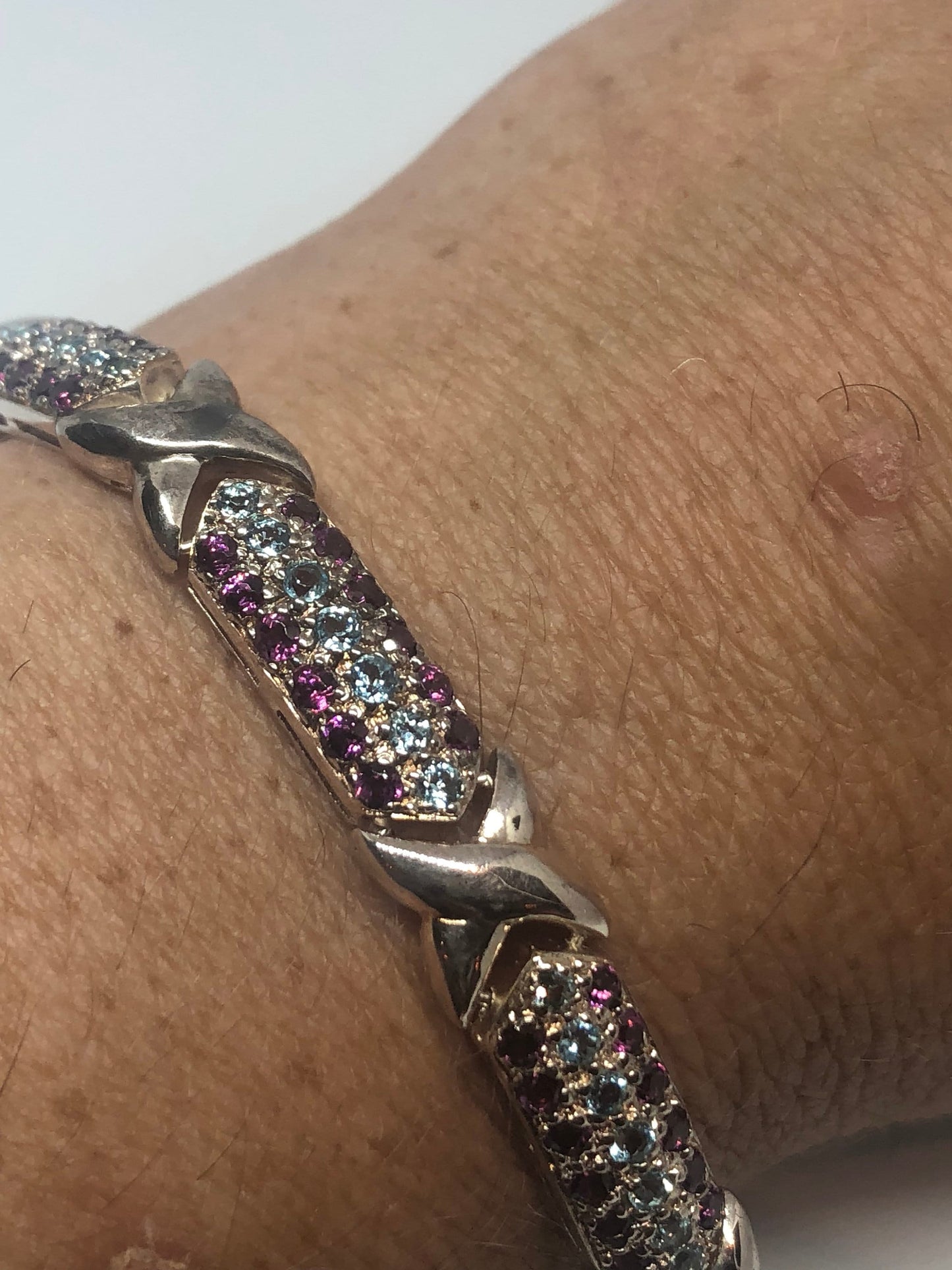 Handmade Genuine Blue Topaz Pink tourmaline 925 Sterling Silver Tennis Bracelet