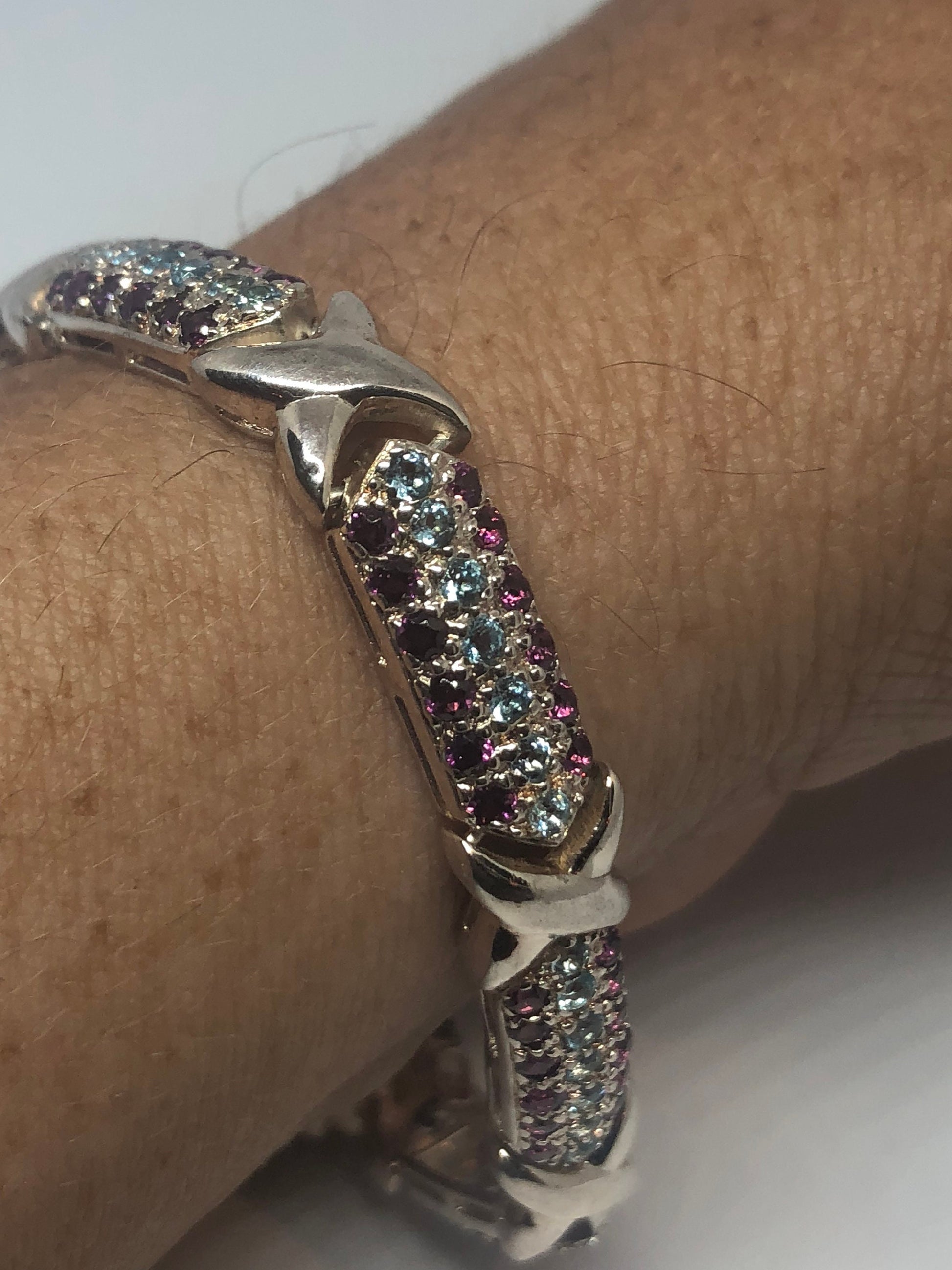 Handmade Genuine Blue Topaz Pink tourmaline 925 Sterling Silver Tennis Bracelet