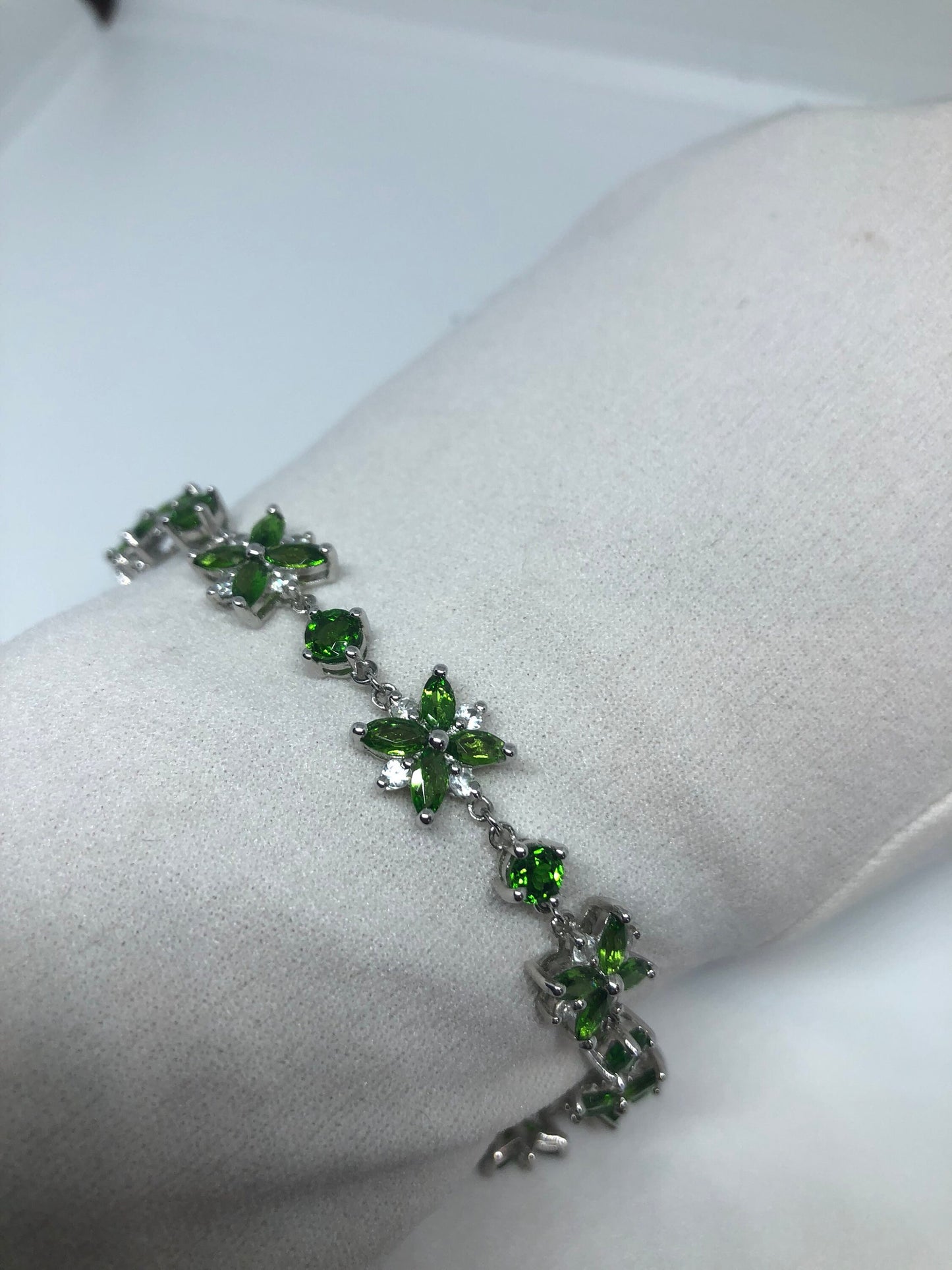 Vintage Victorian Style Sterling Silver Filigree Green Chrome Diopside Bracelet