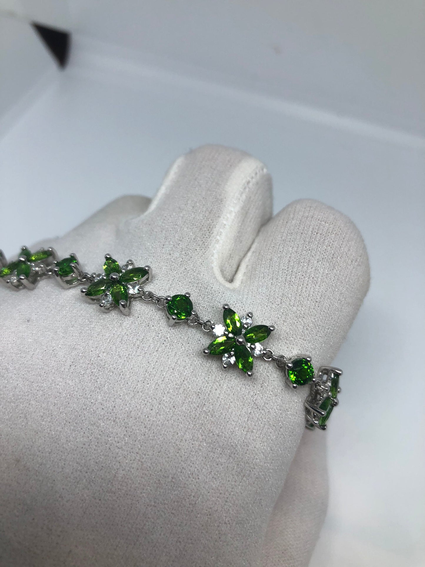 Vintage Victorian Style Sterling Silver Filigree Green Chrome Diopside Bracelet