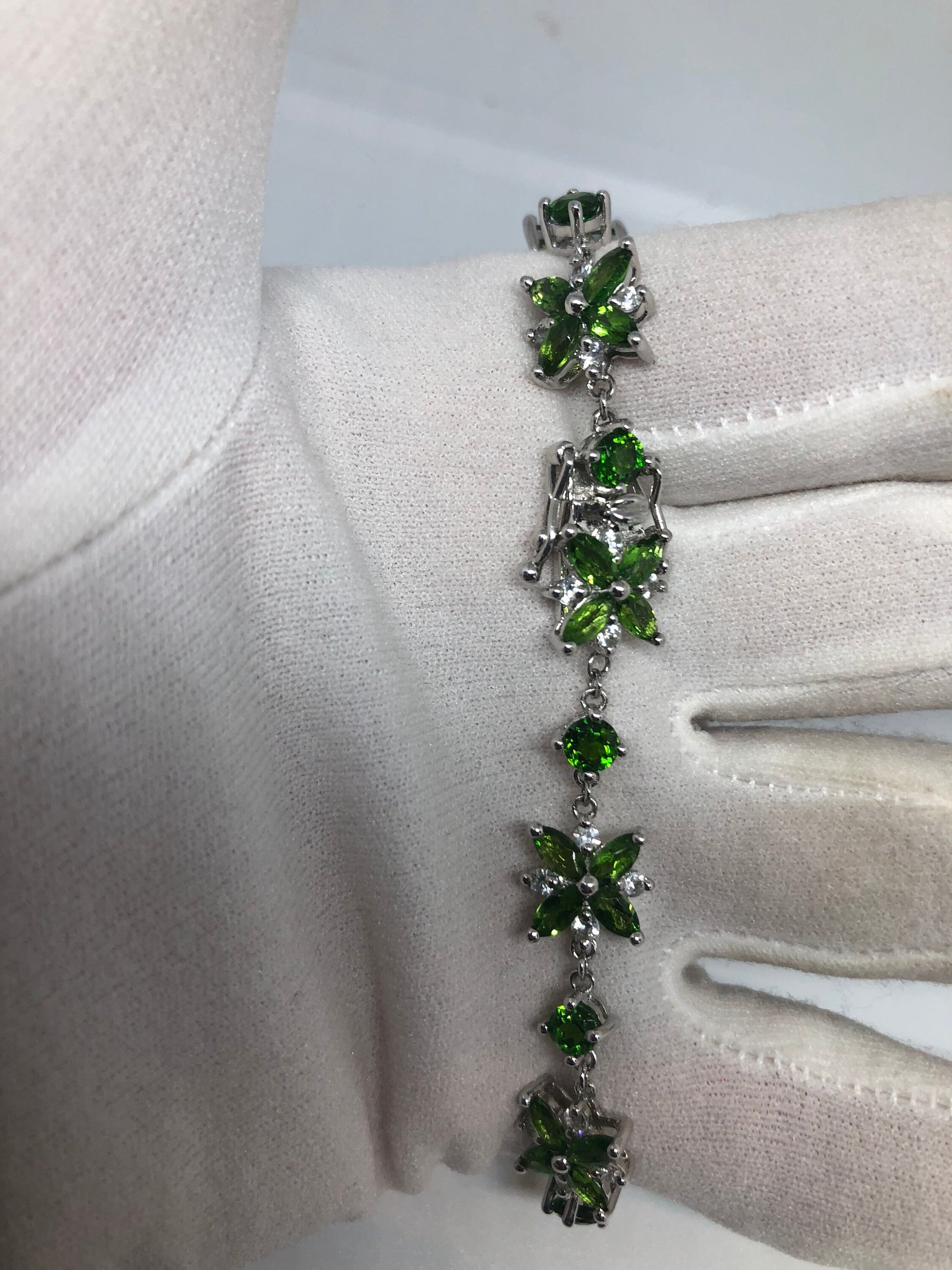 Vintage Victorian Style Sterling Silver Filigree Green Chrome Diopside Bracelet