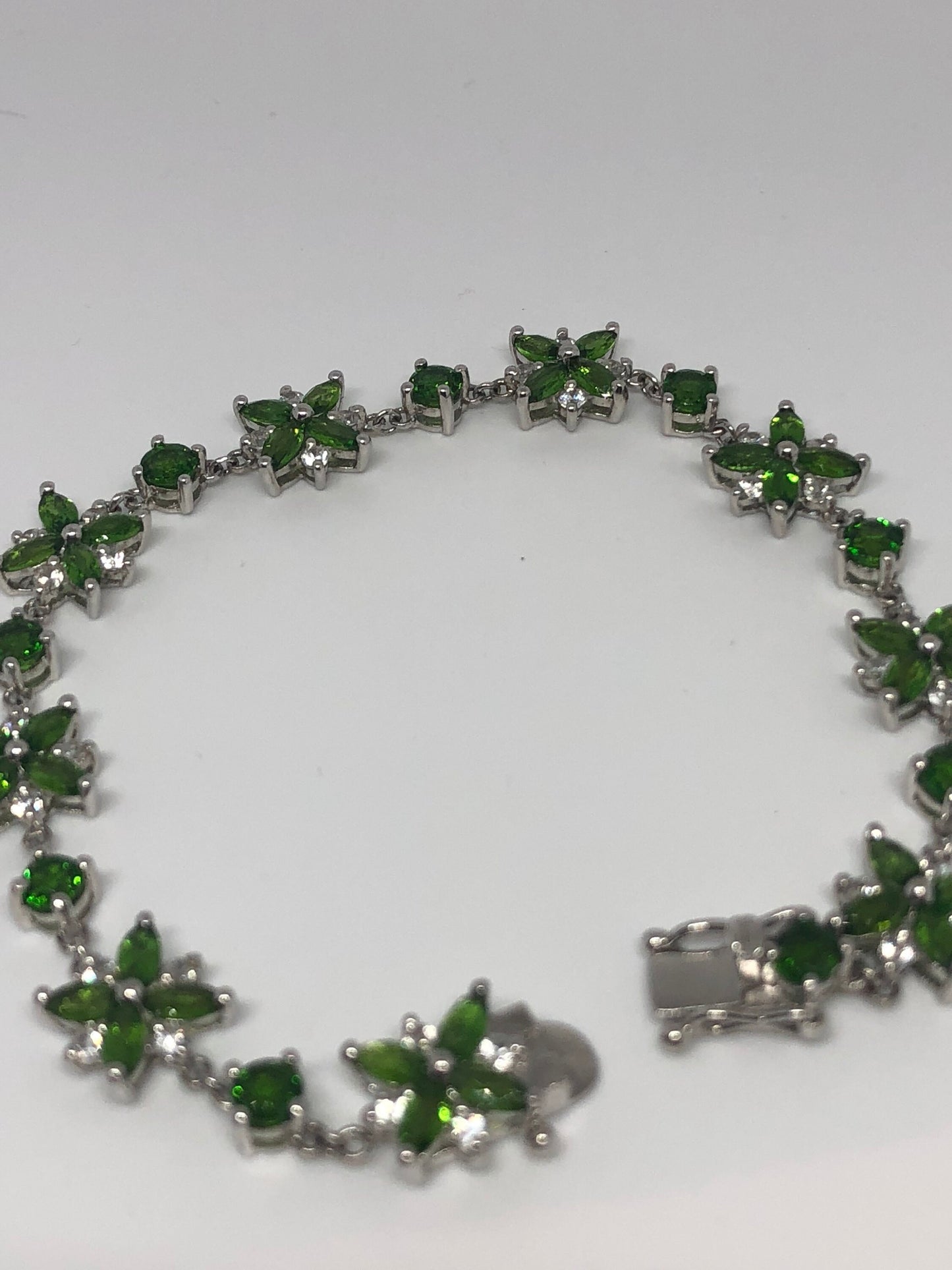 Vintage Victorian Style Sterling Silver Filigree Green Chrome Diopside Bracelet