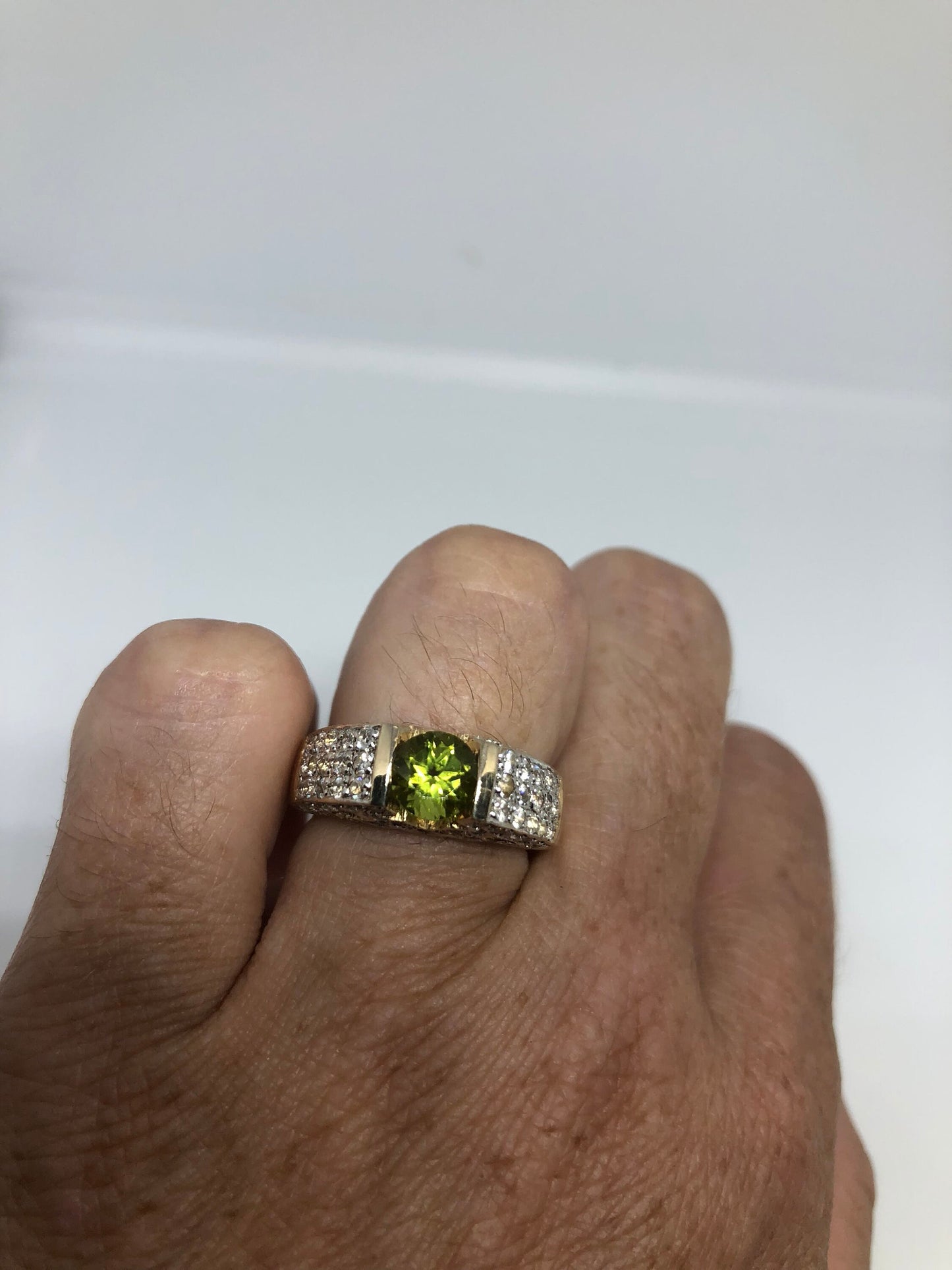 Vintage Handmade Genuine Green Peridot Filigree Setting Golden 925 Sterling Silver Gothic Ring