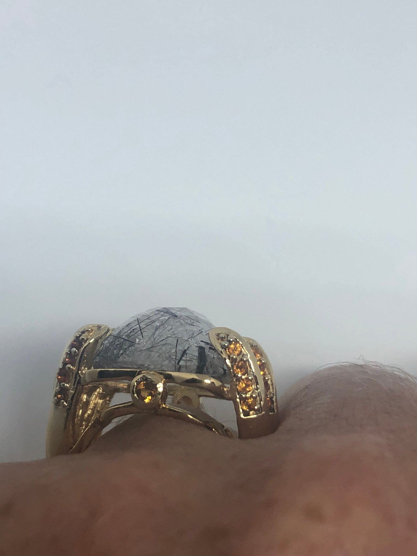 Vintage Handmade Genuine Quartz Tourmaline Golden 925 Sterling Silver Ring