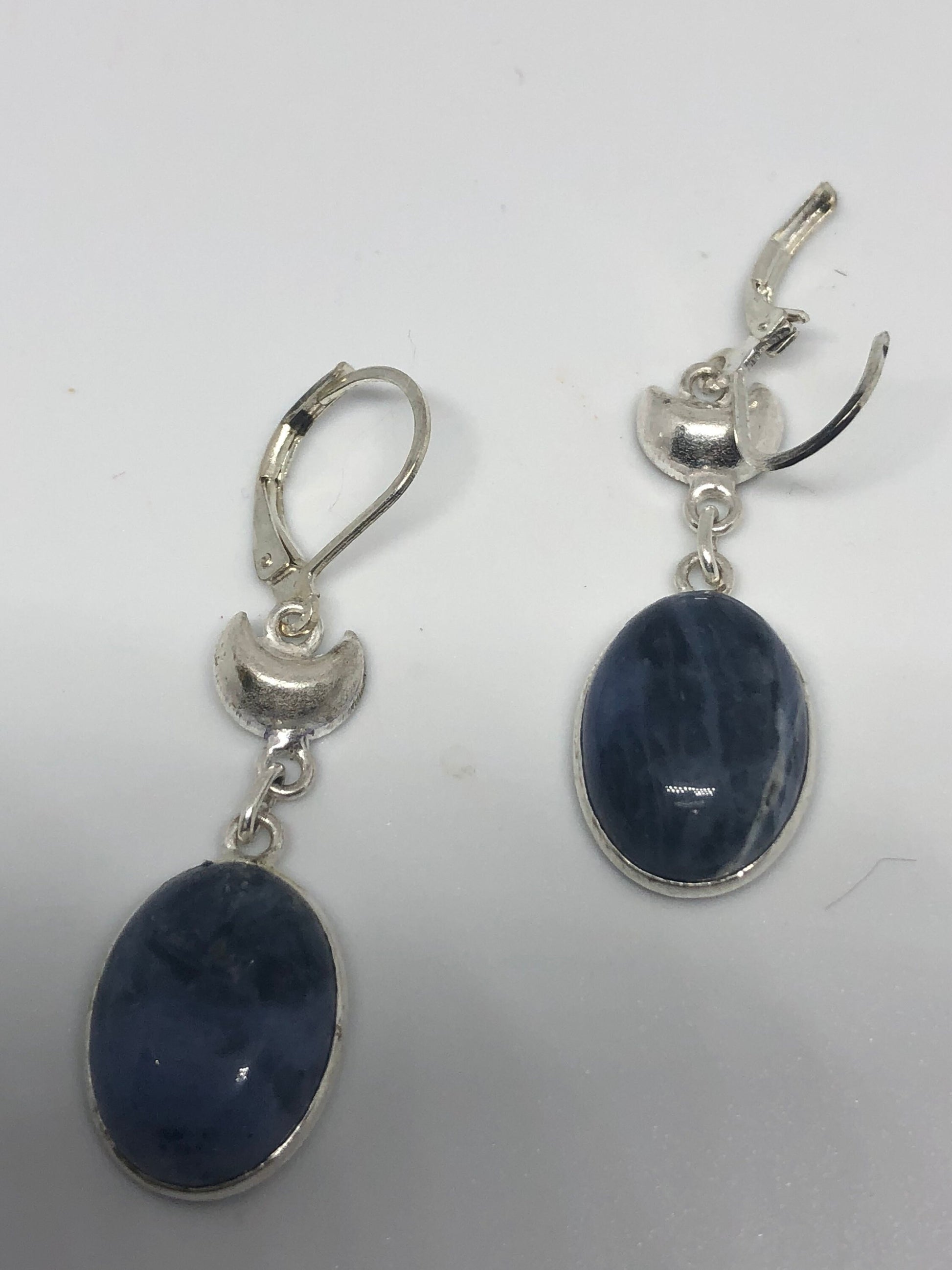 Antique Vintage Blue Sodalite Moon Silver Dangle Earrings