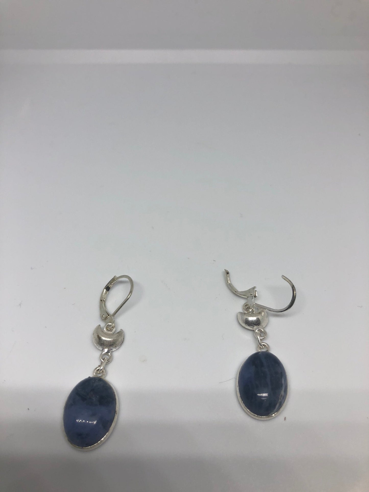 Antique Vintage Blue Sodalite Moon Silver Dangle Earrings