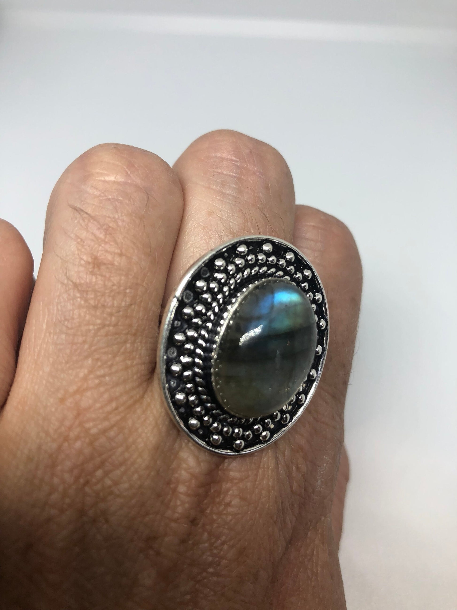 Vintage Large Blue Green Labradorite Stone Silver Ring