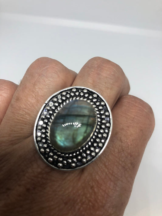 Vintage Large Blue Green Labradorite Stone Silver Ring