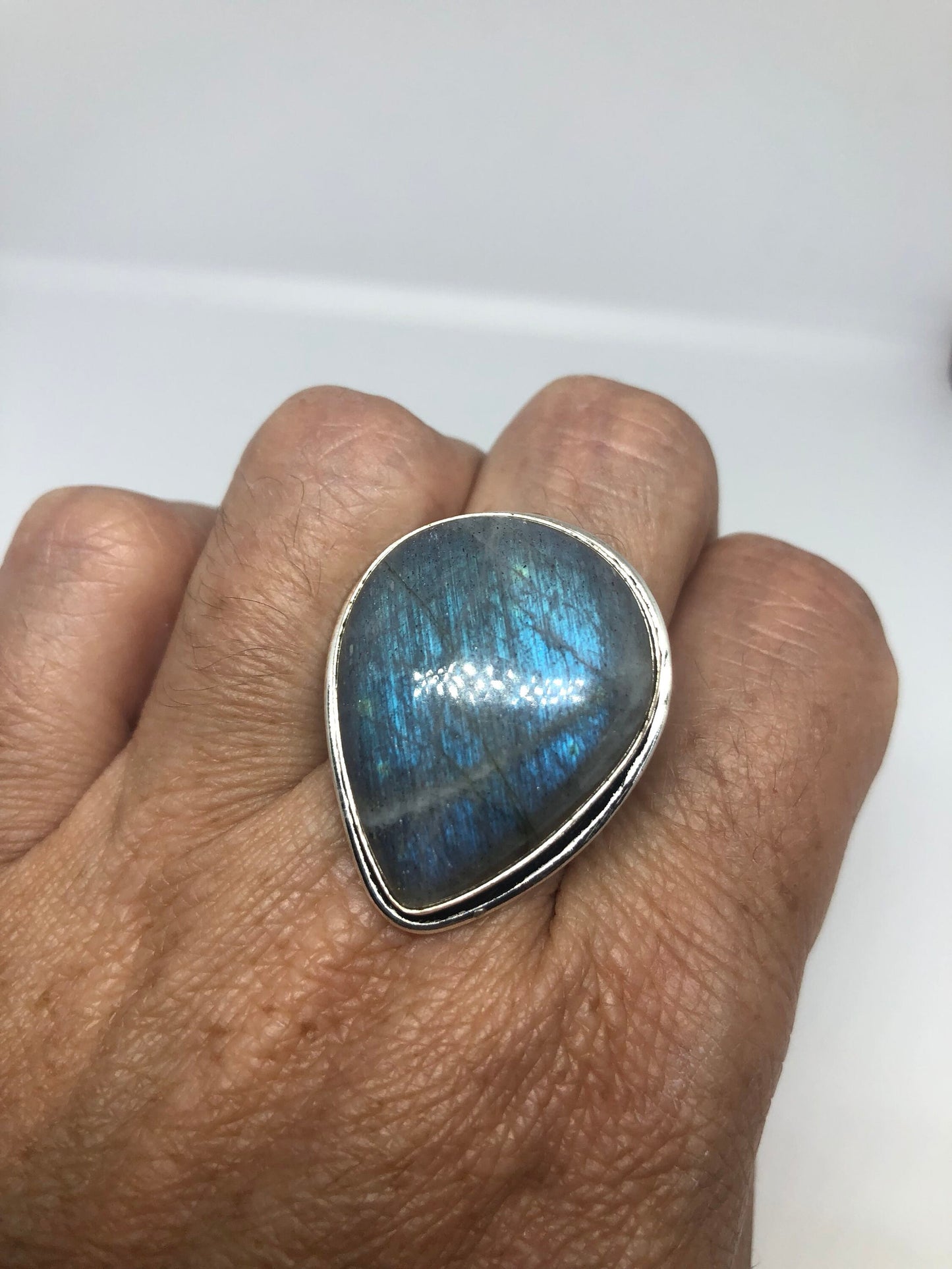 Vintage Large Blue Green Labradorite Stone Silver Ring