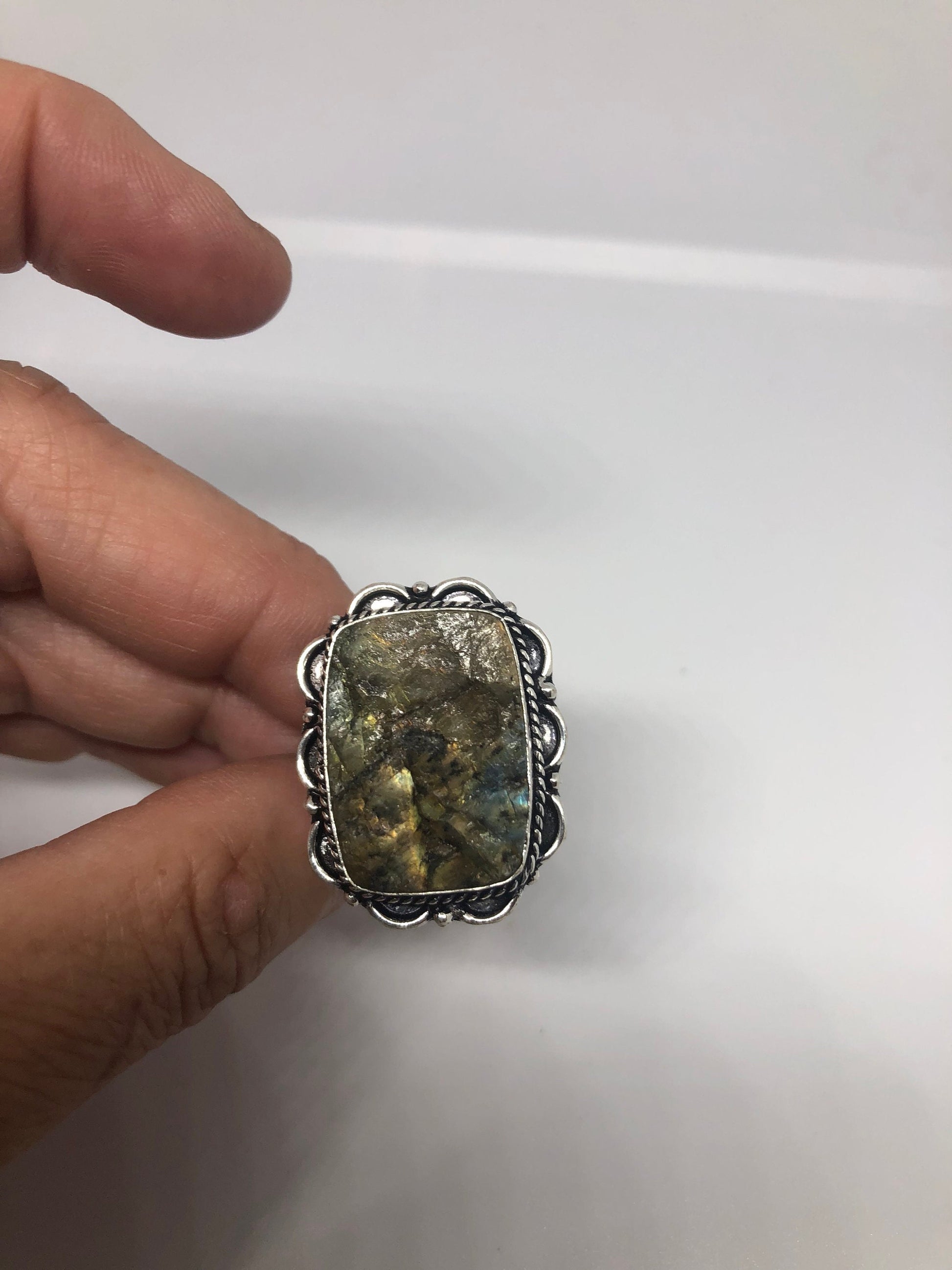 Vintage Large Blue Green Labradorite Stone Silver Ring