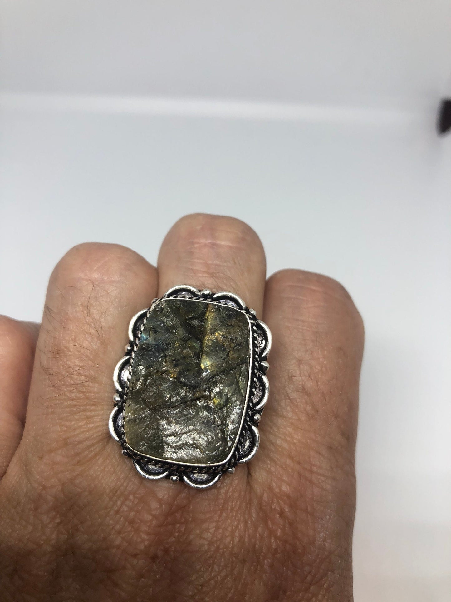 Vintage Large Blue Green Labradorite Stone Silver Ring