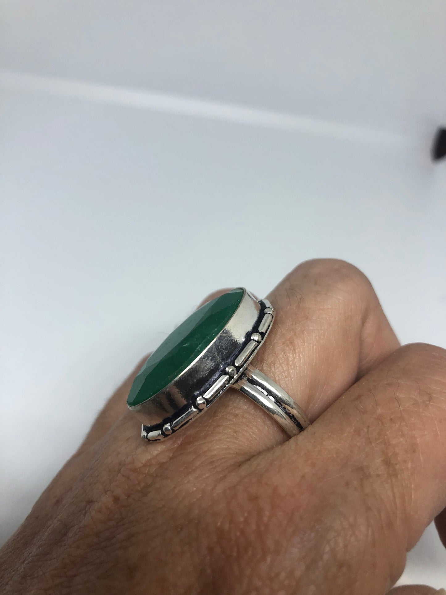 Vintage Green Raw Emerald Silver Bronze Statement Boho Ring