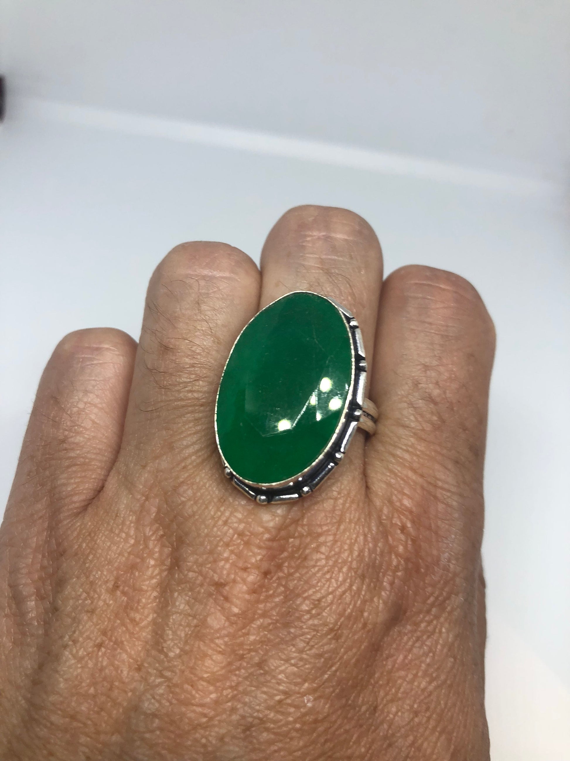 Vintage Green Raw Emerald Silver Bronze Statement Boho Ring