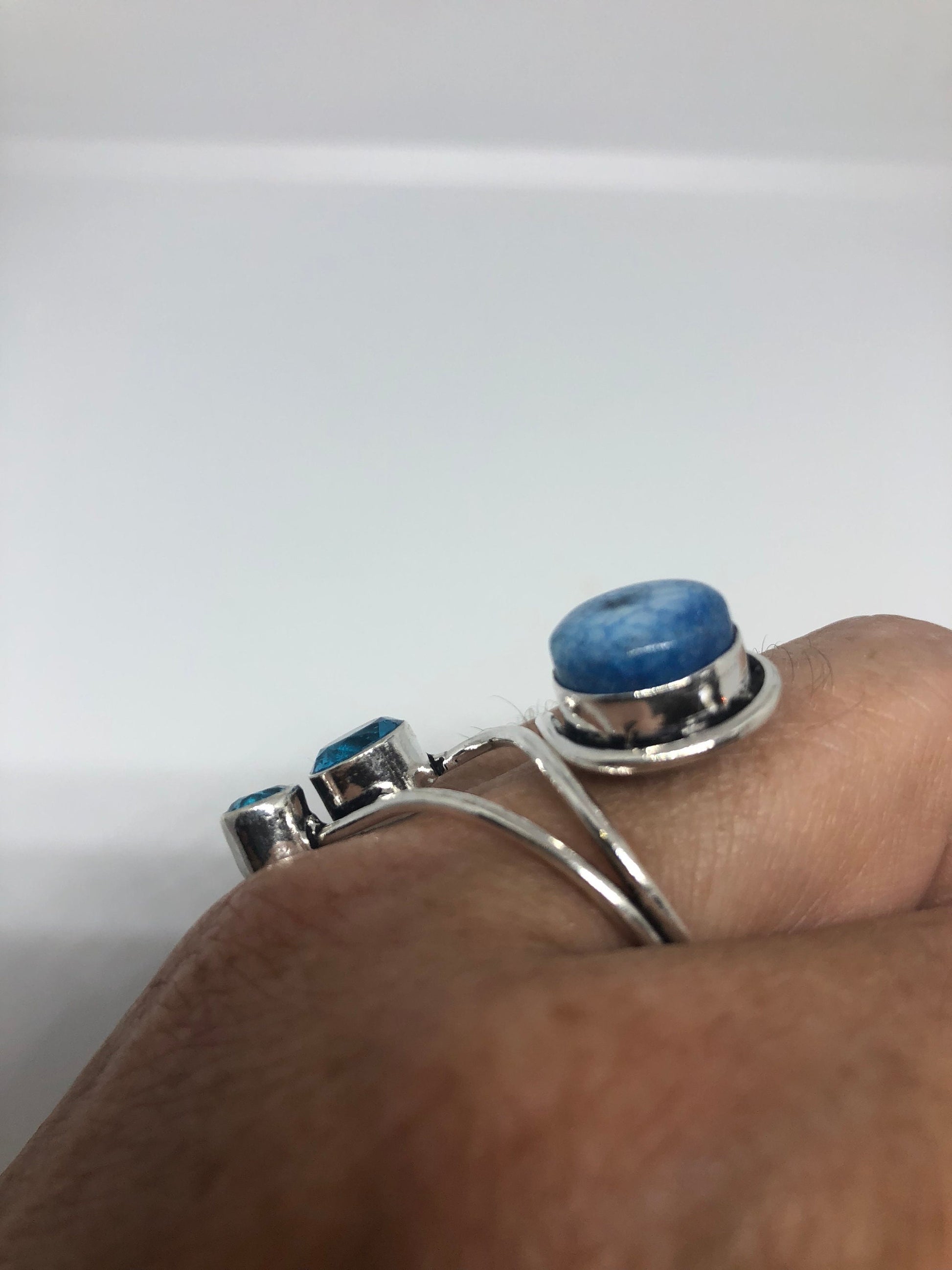Vintage Blue Genuine Chalcedony and Blue Topaz 2 in Adjustable Ring