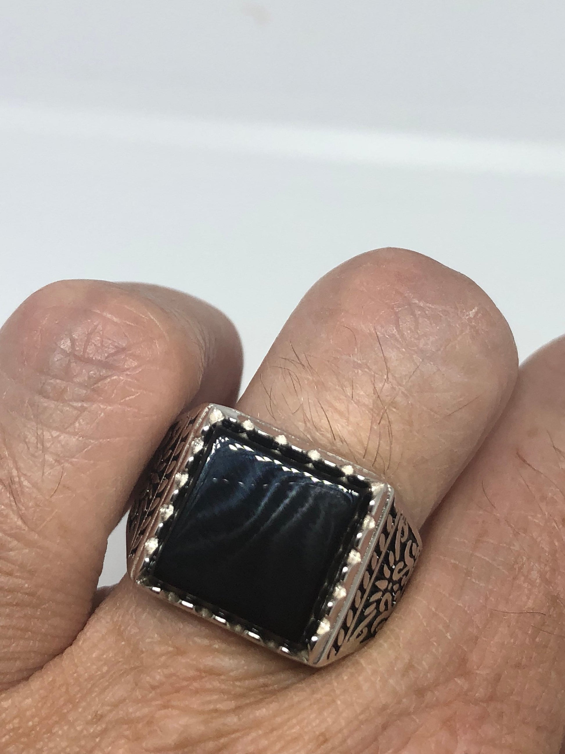 Vintage Onyx Mens Ring 925 Sterling Silver Gothic Genuine Black Onyx