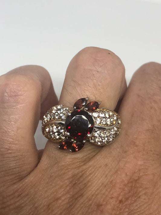 Vintage Red Bohemian Garnet White Sapphire 925 Sterling Silver Cocktail Statement