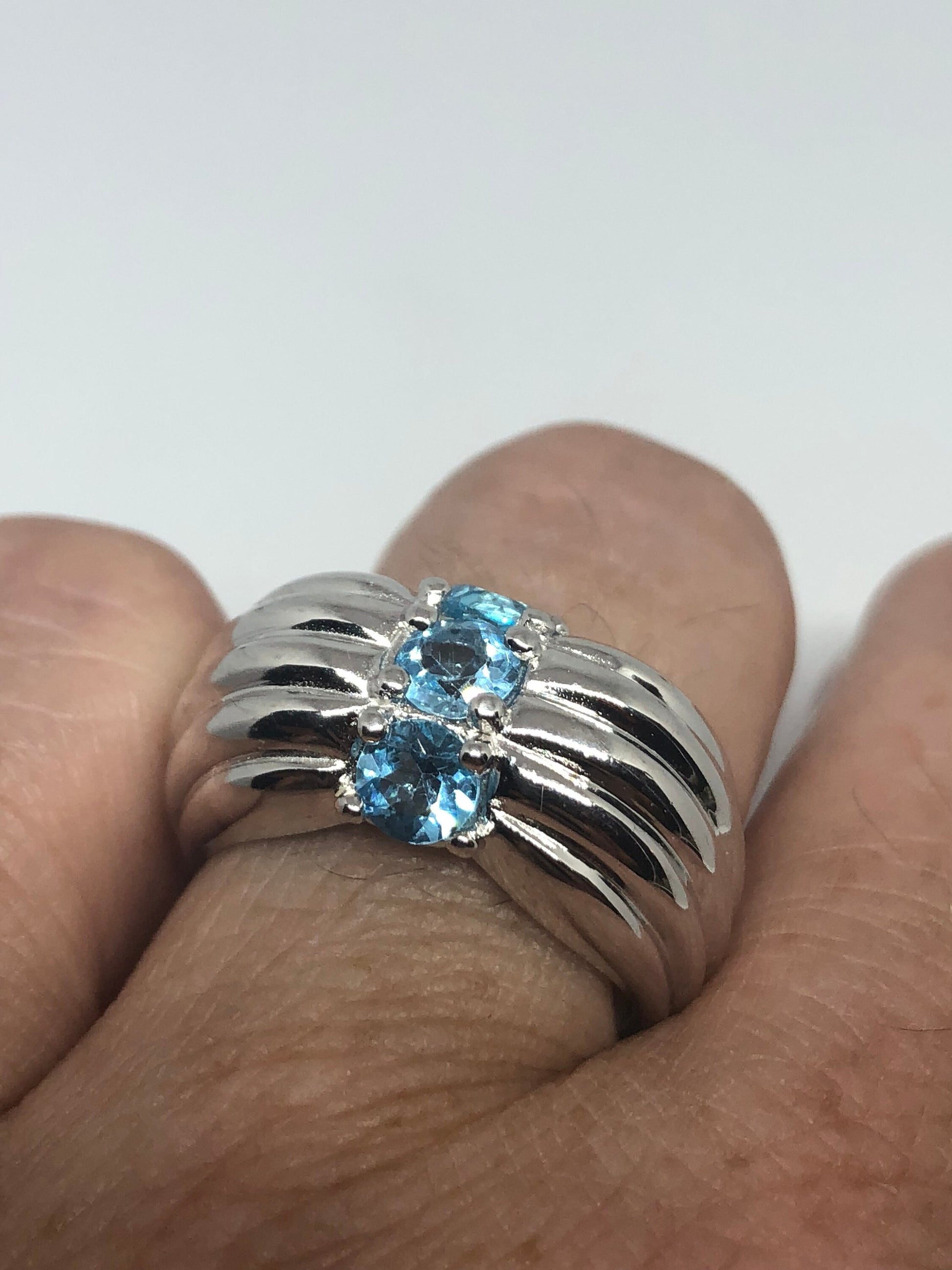 Vintage Genuine Blue Topaz 925 Sterling Silver Rhodium Ring