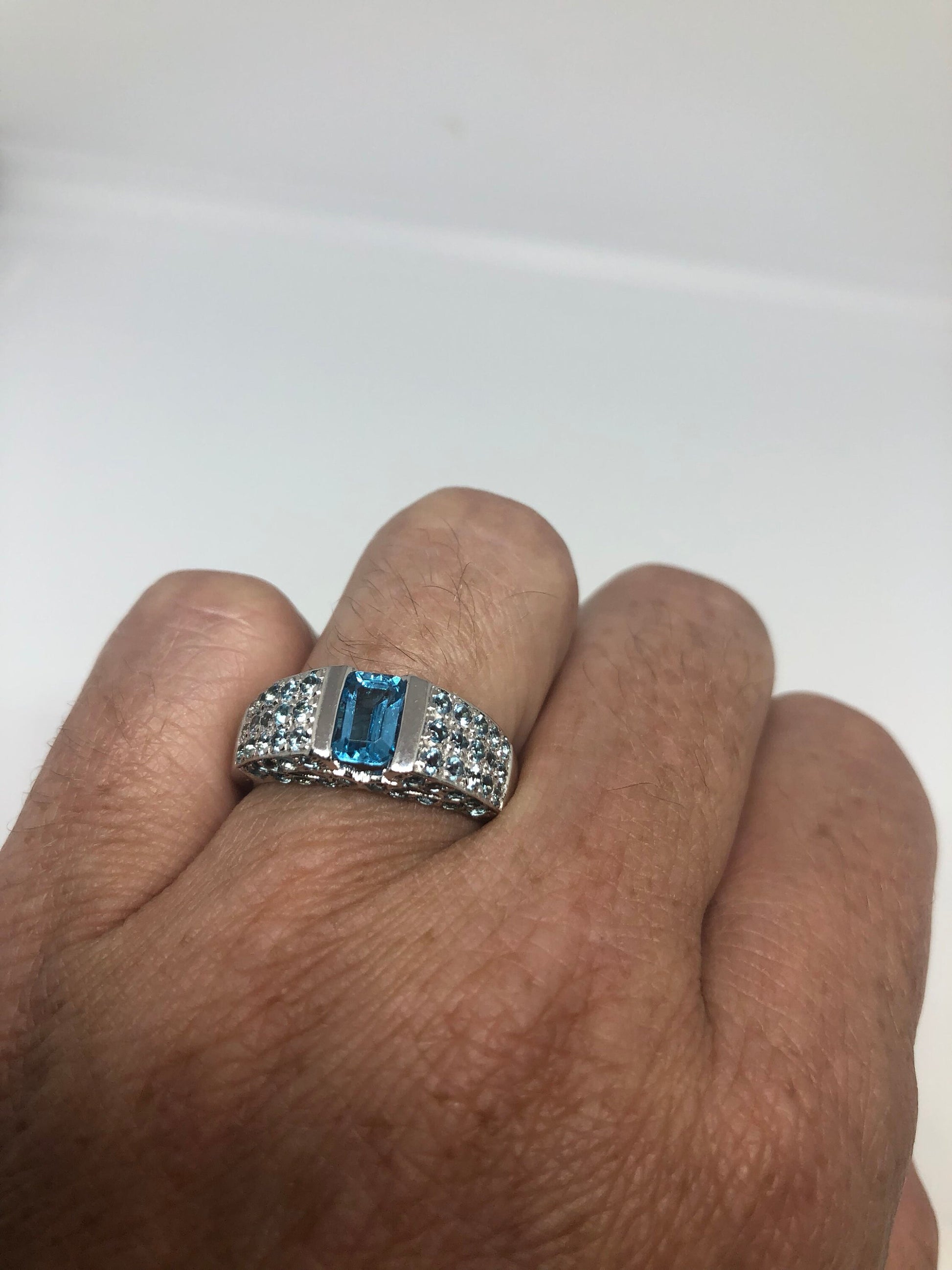 Vintage Genuine Blue Topaz 925 Sterling Silver Rhodium Ring
