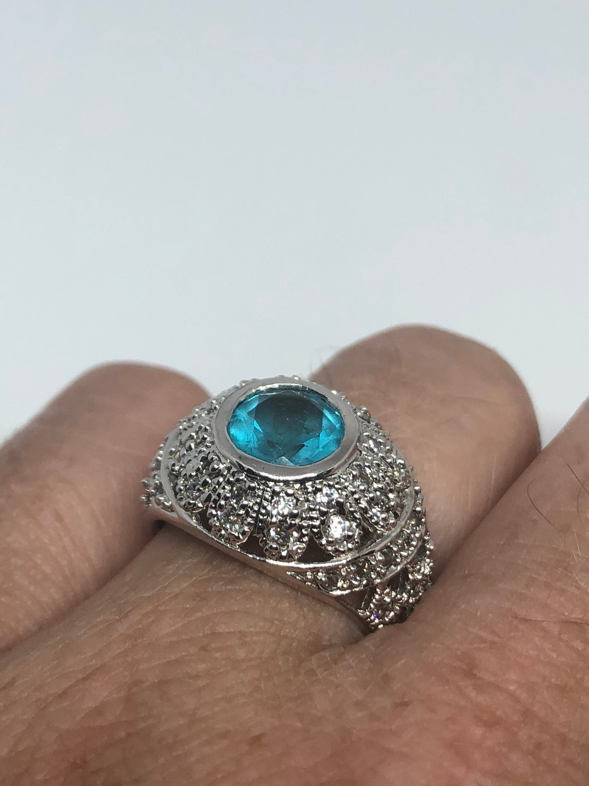 Vintage Genuine Blue Topaz and White Sapphire 925 Sterling Silver Rhodium Ring