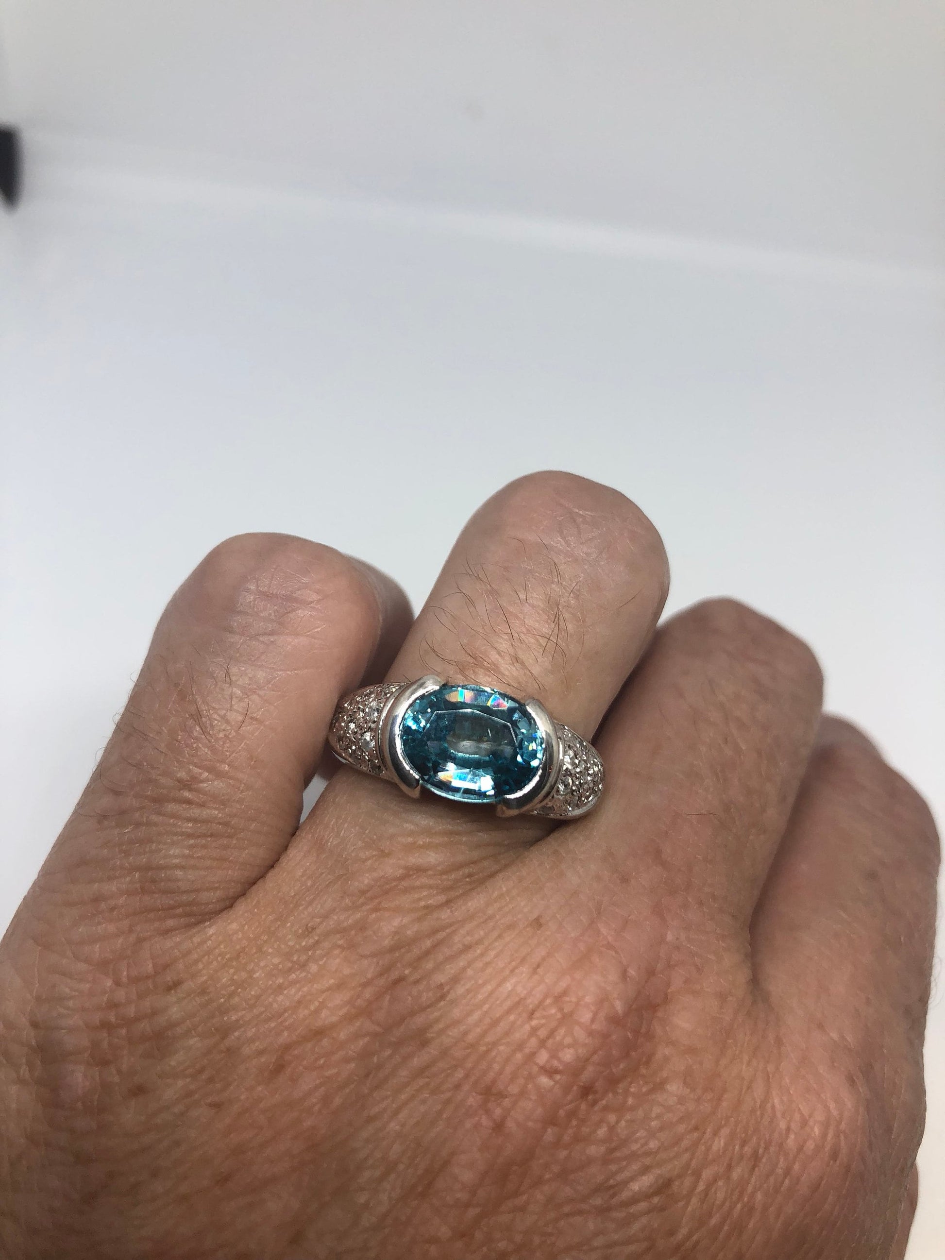 Vintage geniune blue topaz and white sapphire 925 sterling silver rhodium Ring