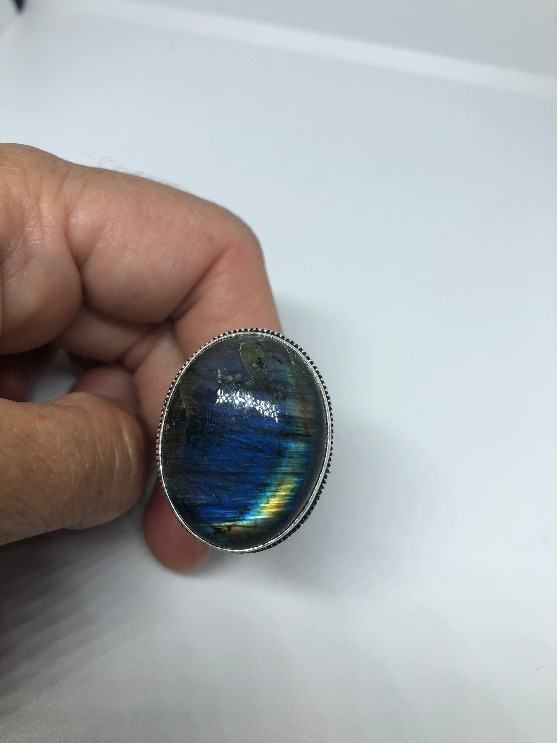 Vintage Large Blue Green Labradorite Stone Silver Ring