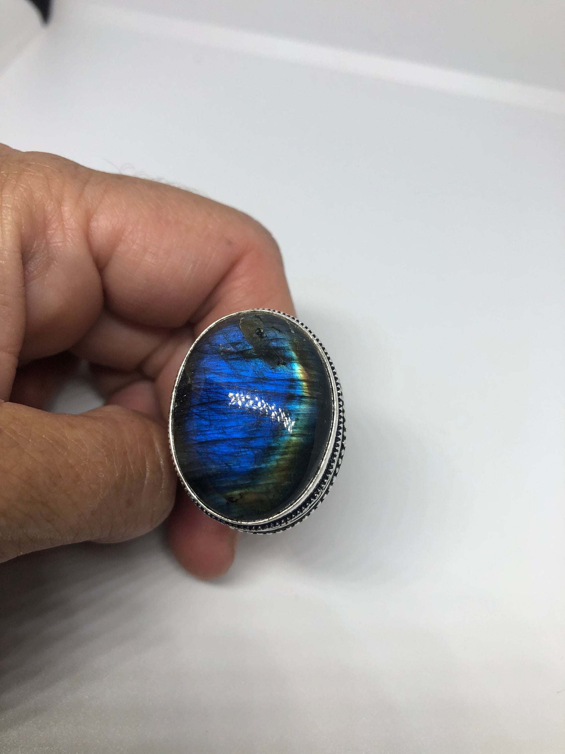 Vintage Large Blue Green Labradorite Stone Silver Ring