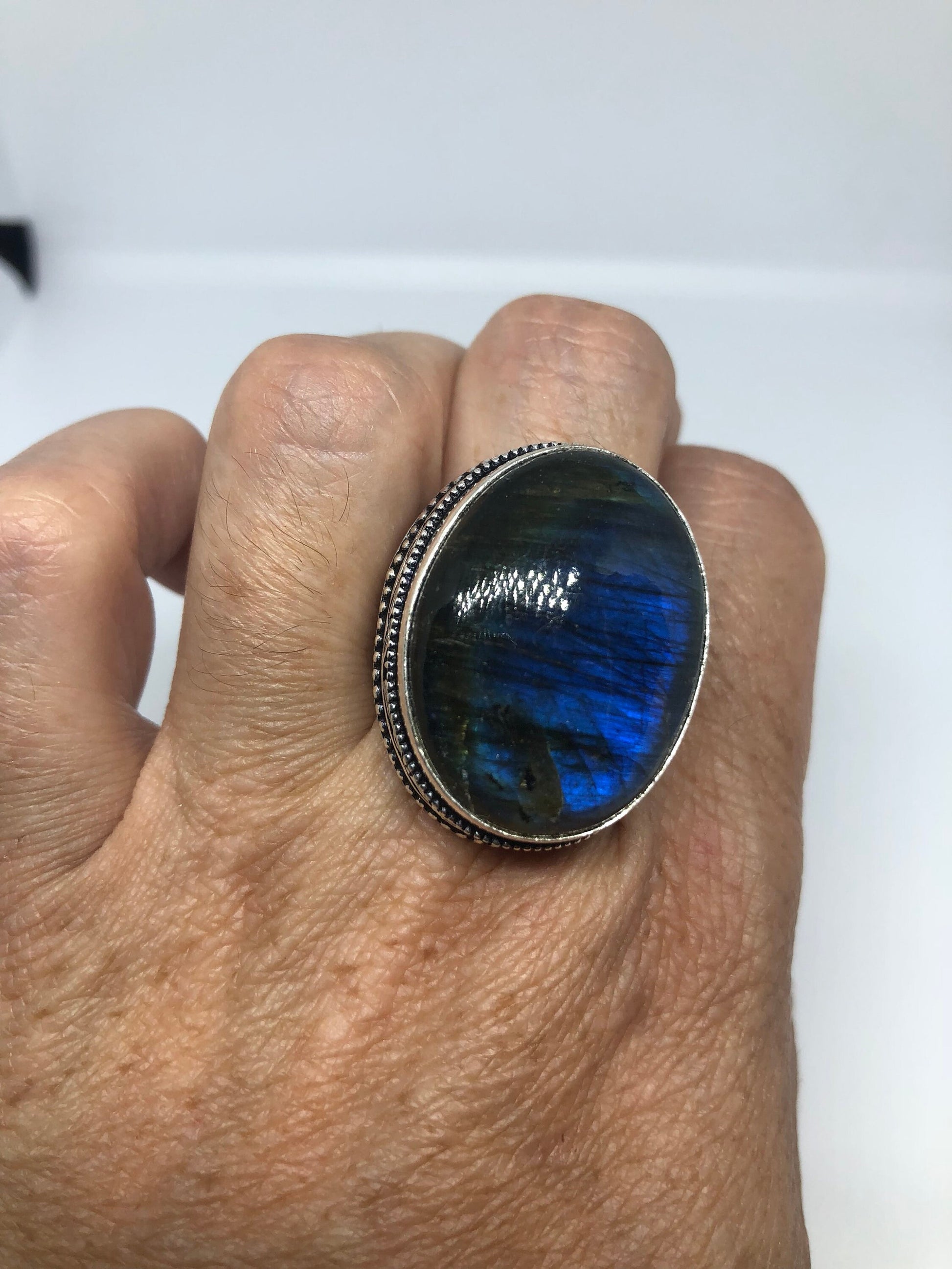 Vintage Large Blue Green Labradorite Stone Silver Ring