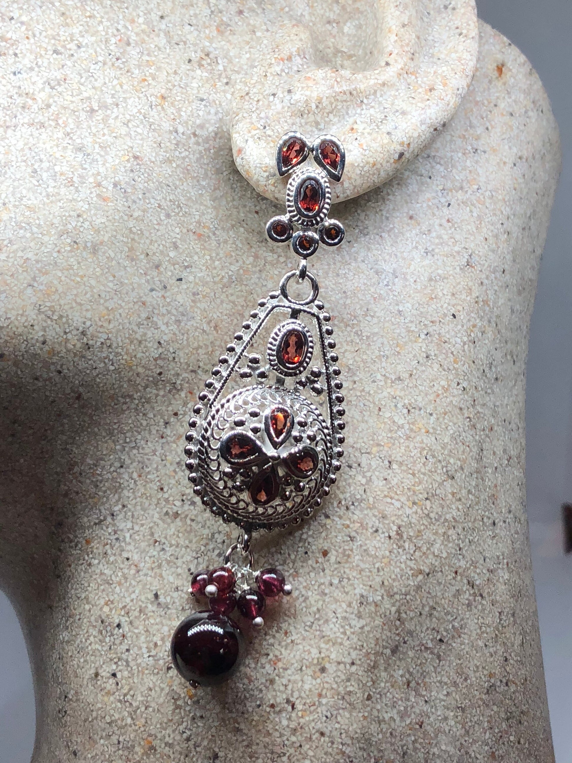 Vintage 925 Sterling Silver Bohemian Garnet Dangle Chandelier Earrings