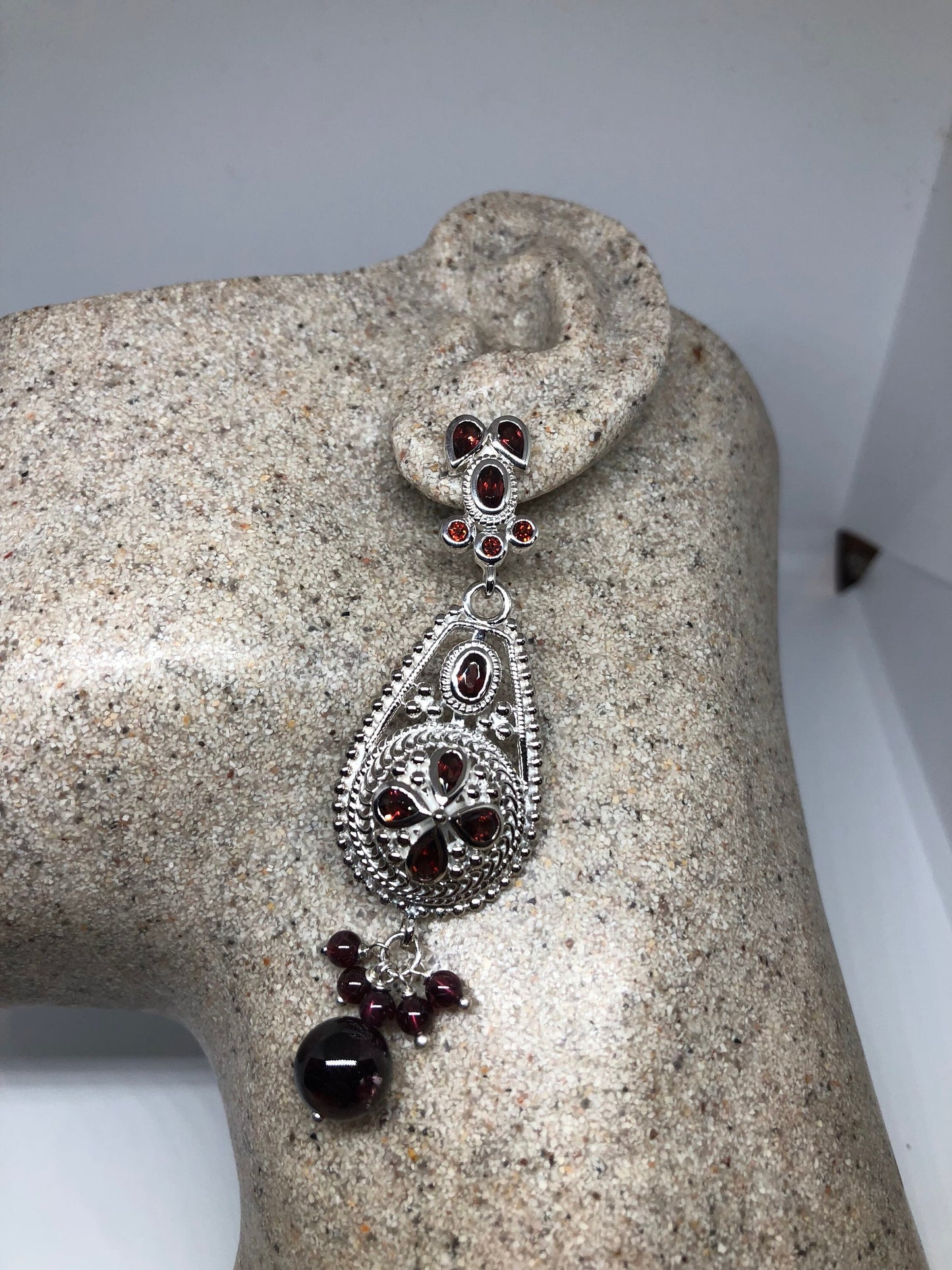 Vintage 925 Sterling Silver Bohemian Garnet Dangle Chandelier Earrings