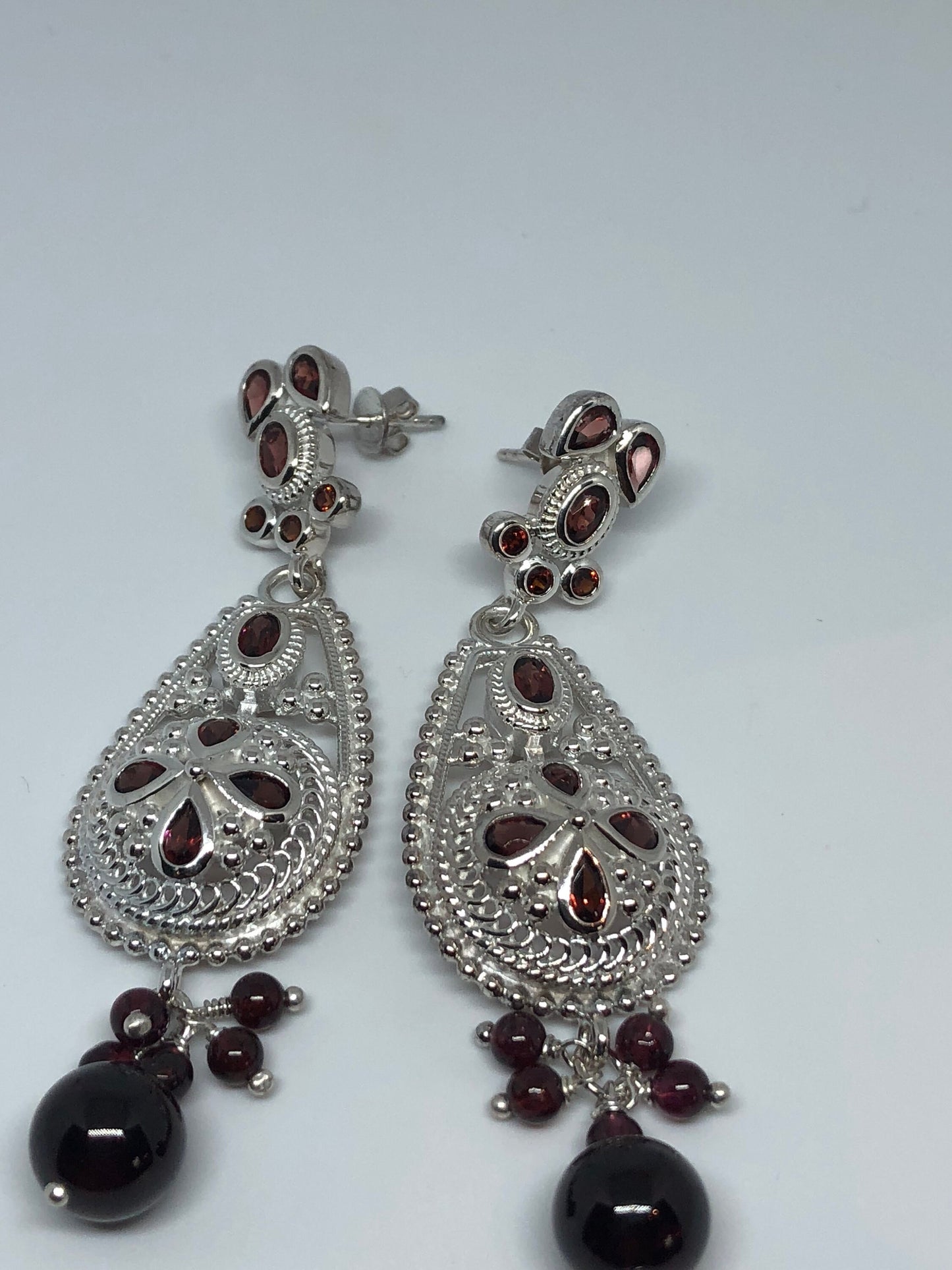 Vintage 925 Sterling Silver Bohemian Garnet Dangle Chandelier Earrings