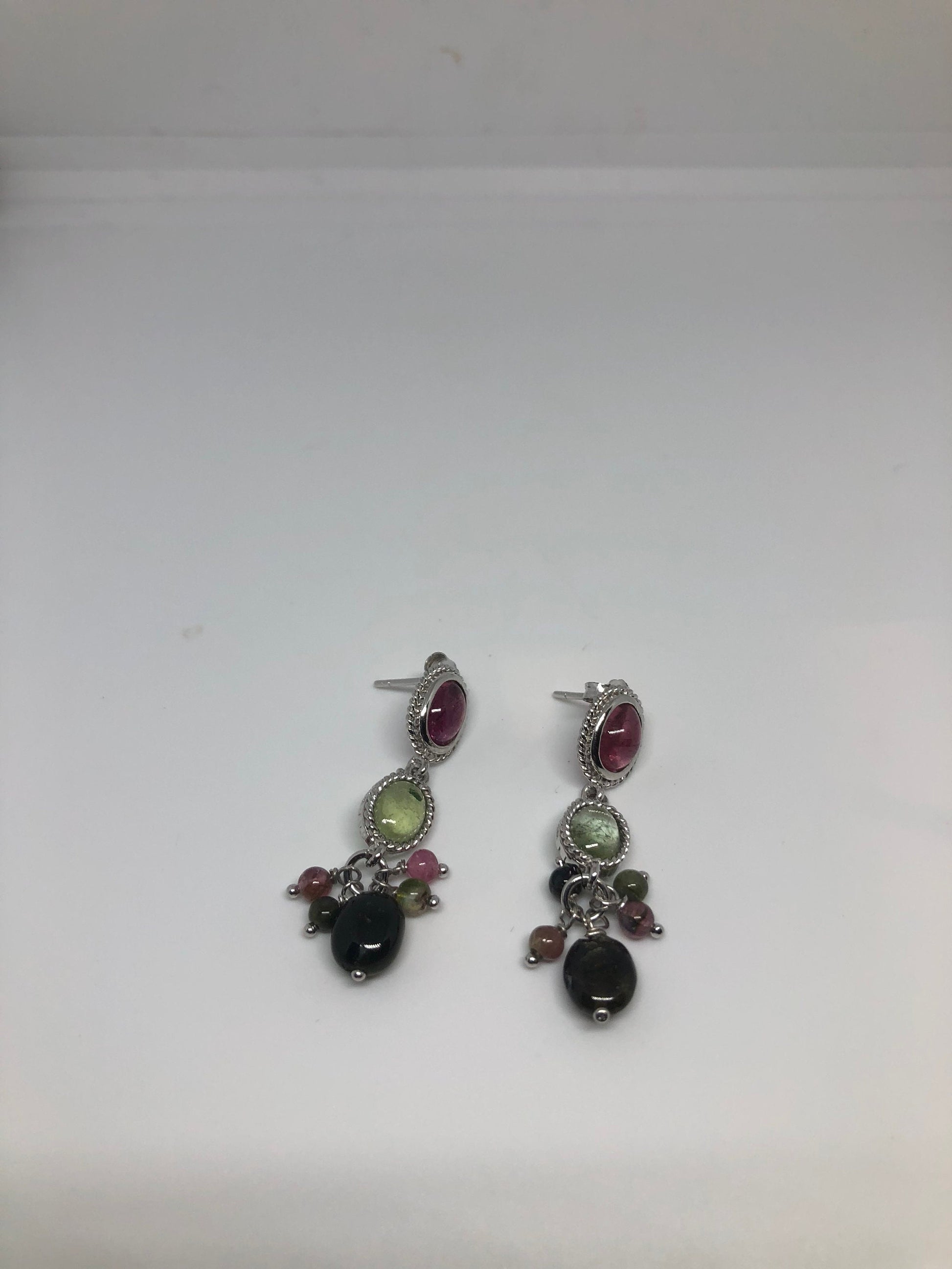 Vintage Genuine Watermelon Tourmaline Gemstone Filigree Sterling Silver Earrings