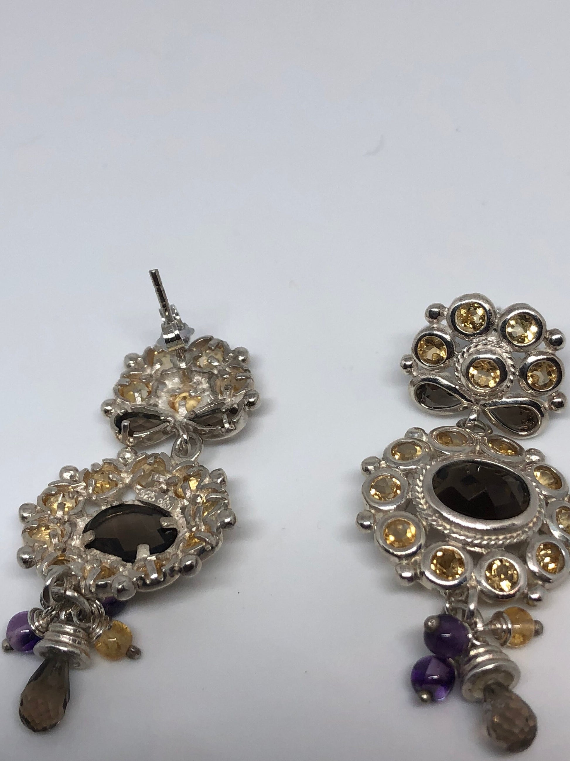 Vintage Mixed Genuine Gemstone Filigree 925 Sterling Silver Dangle button Earrings
