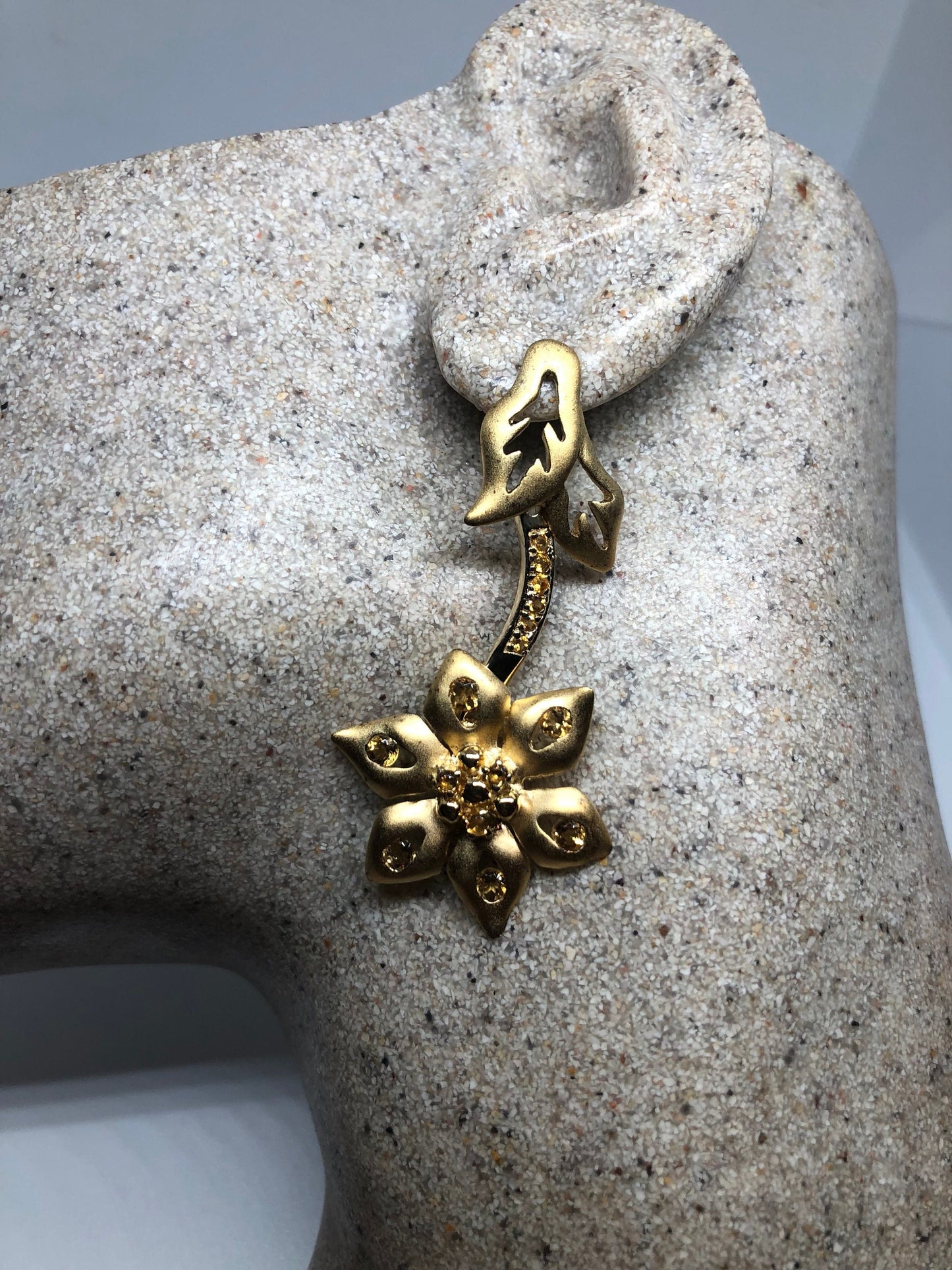 Vintage Genuine Citrine Gemstone Golden 925 Sterling Silver Flower Dangle Earrings