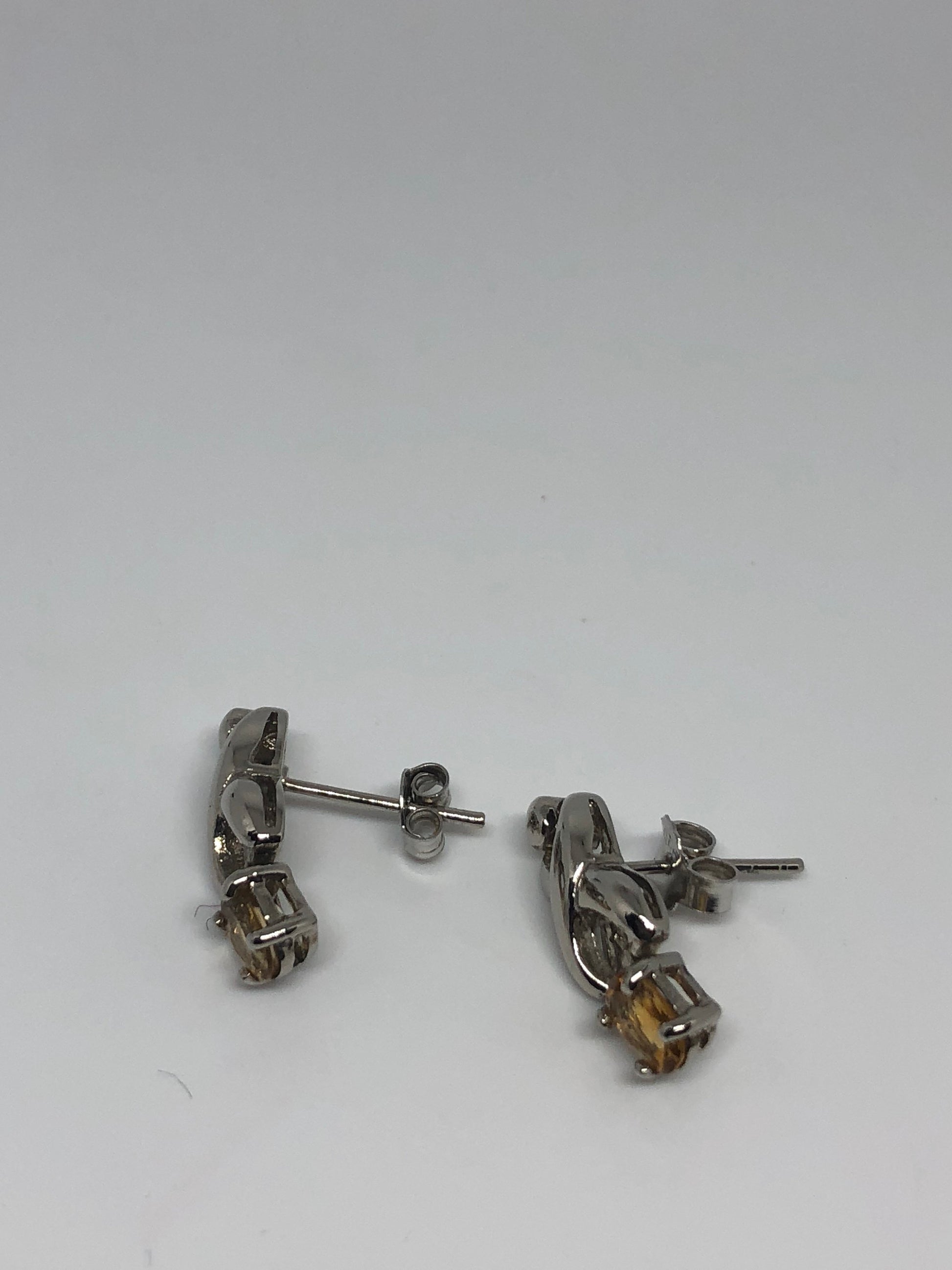 Vintage Genuine Citrine Gemstone 925 Sterling Silver Stud Deco Earrings