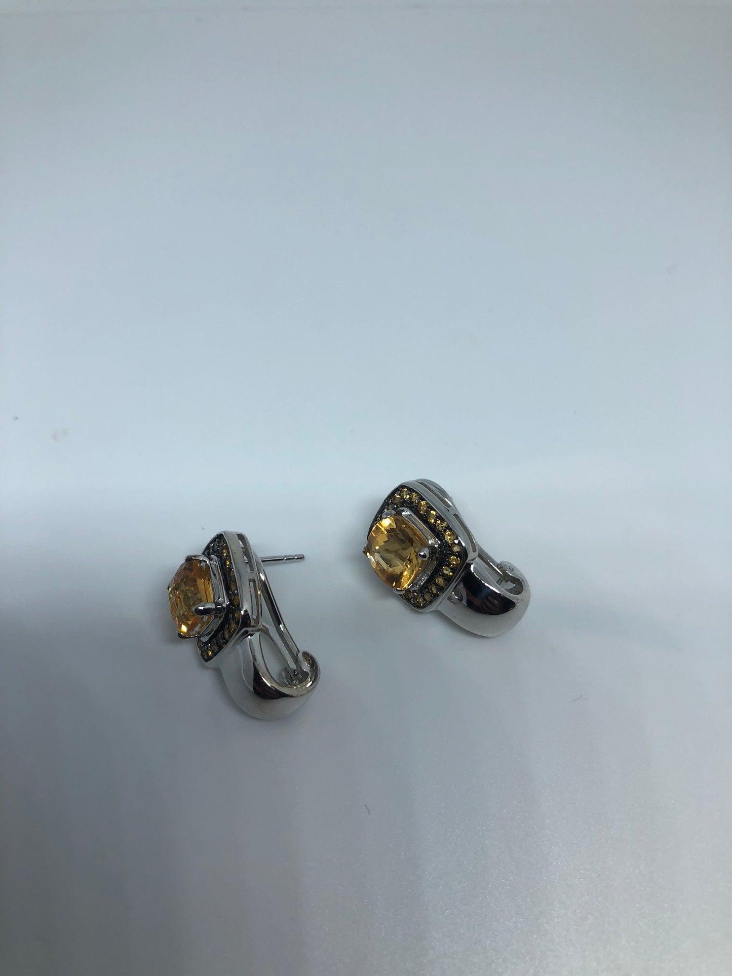 Vintage Citrine Earrings 925 Sterling Silver Deco Button Studs