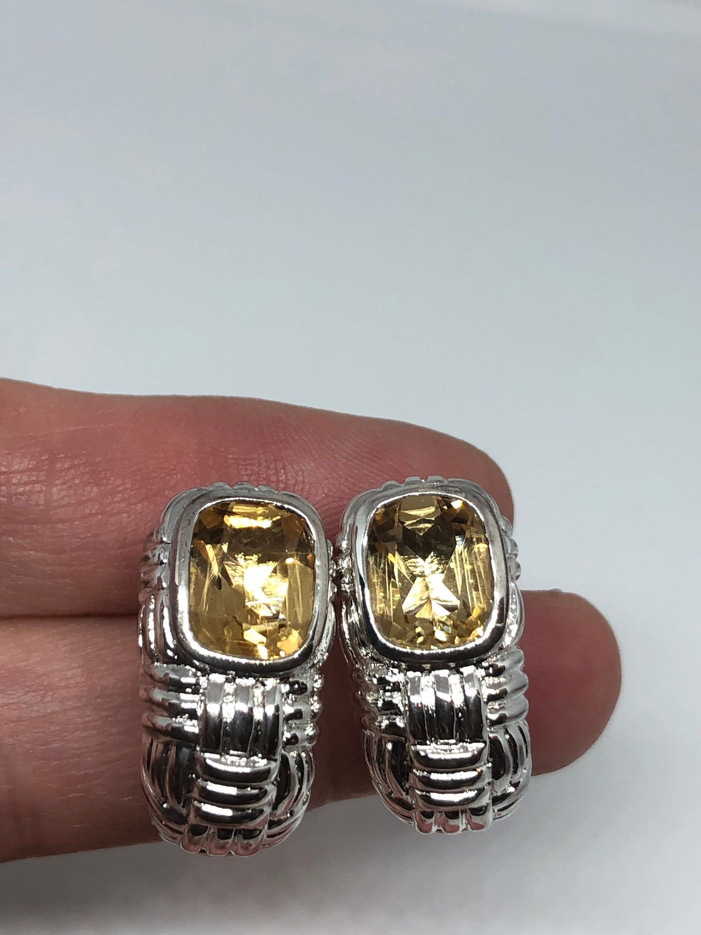 Vintage Citrine Earrings 925 Sterling Silver Deco Button Studs