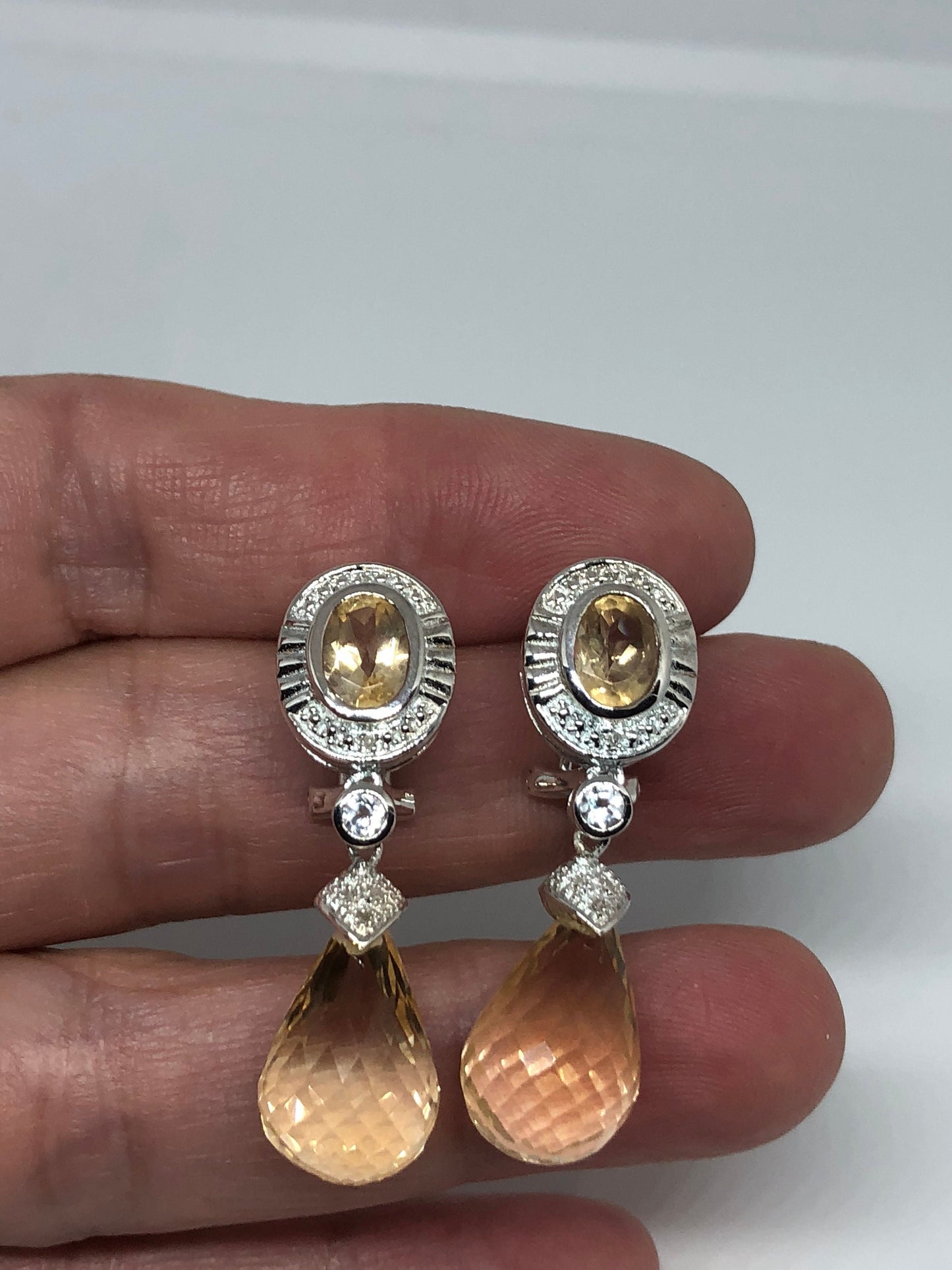 Vintage Citrine Earrings 925 Sterling Silver Deco Button Drop