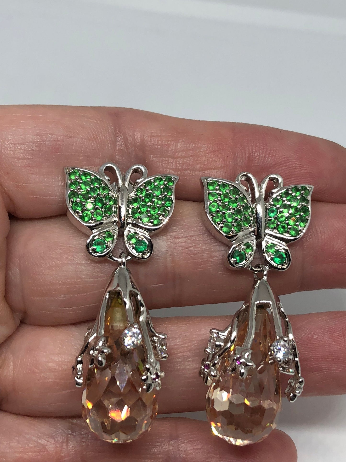 Vintage Handmade Sterling Silver diamond look Gemstone dramatic Earrings