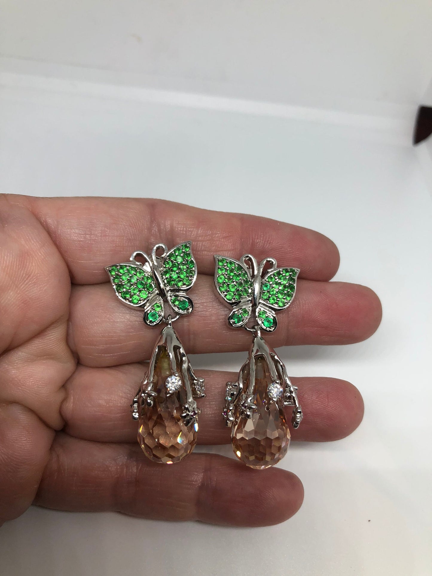 Vintage Handmade Sterling Silver diamond look Gemstone dramatic Earrings