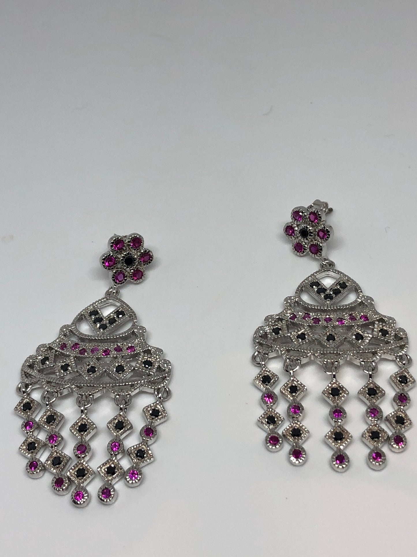 Vintage Mixed Genuine Ruby and Sapphire Filigree 925 Sterling Silver Dangle Chandelier Earrings