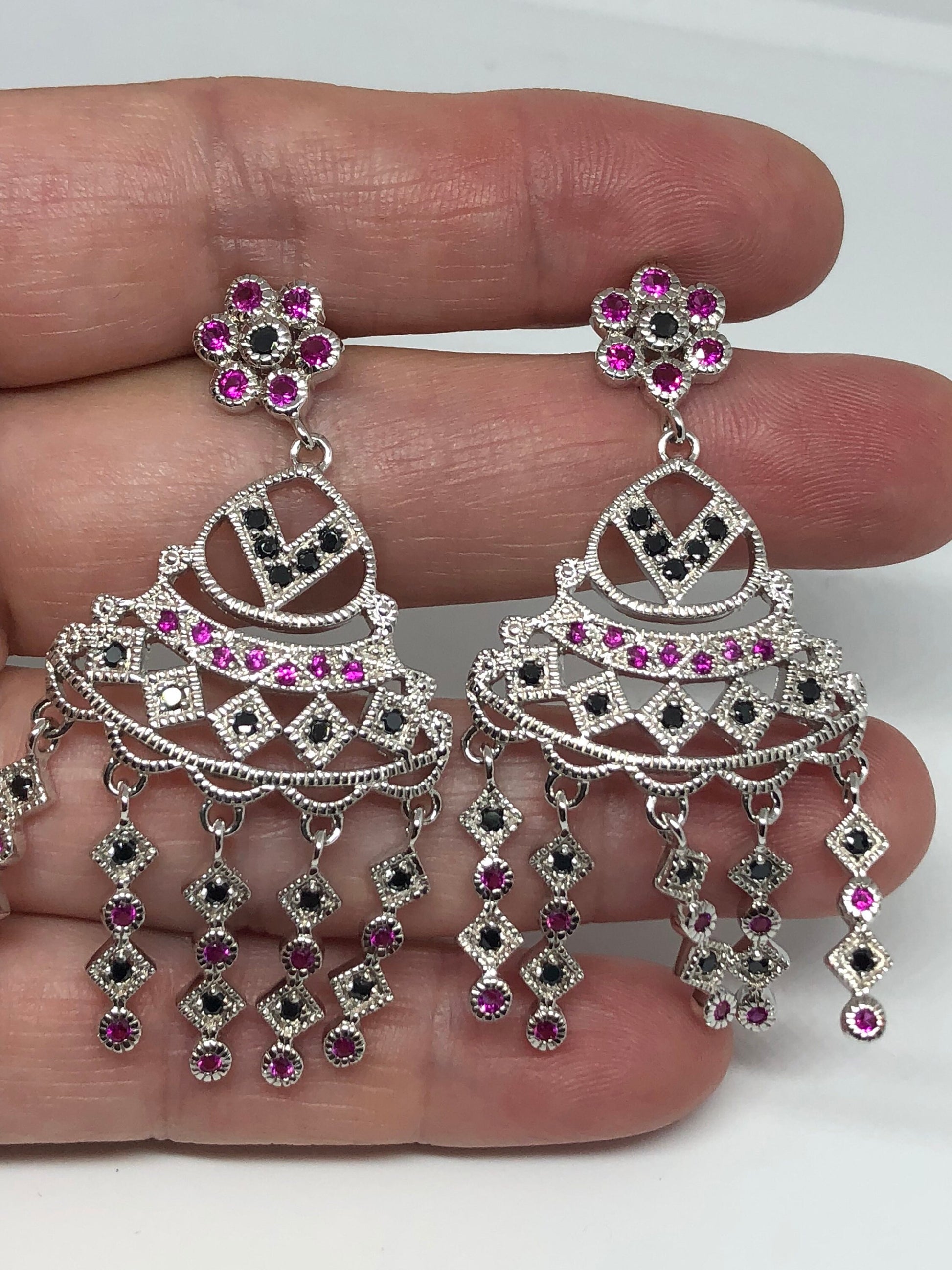 Vintage Mixed Genuine Ruby and Sapphire Filigree 925 Sterling Silver Dangle Chandelier Earrings