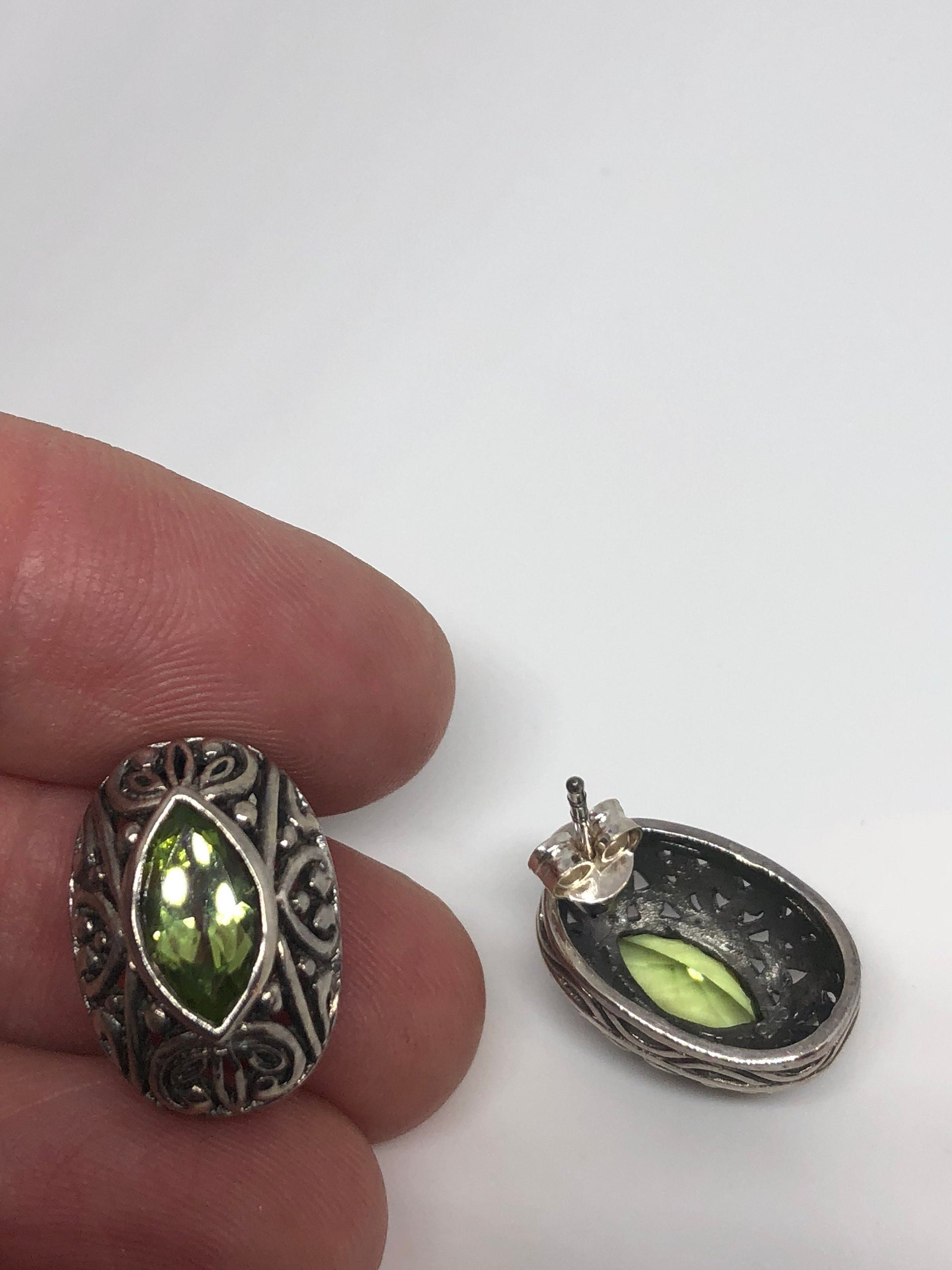 Vintage Handmade Sterling Silver Genuine Green Peridot post button Earrings