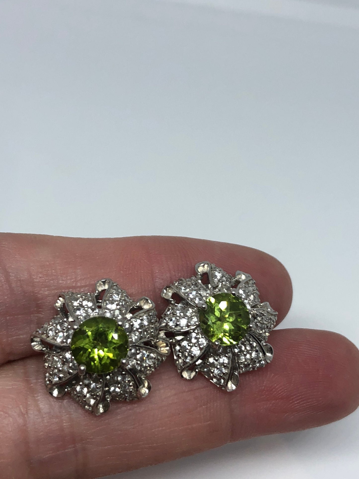 Vintage Green Peridot post 925 Sterling Silver button Earrings