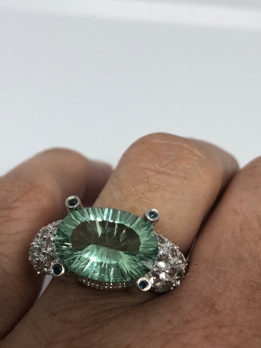 Vintage Handmade Pale Genuine Green Amethyst white sapphire 925 Sterling Silver Gothic Ring